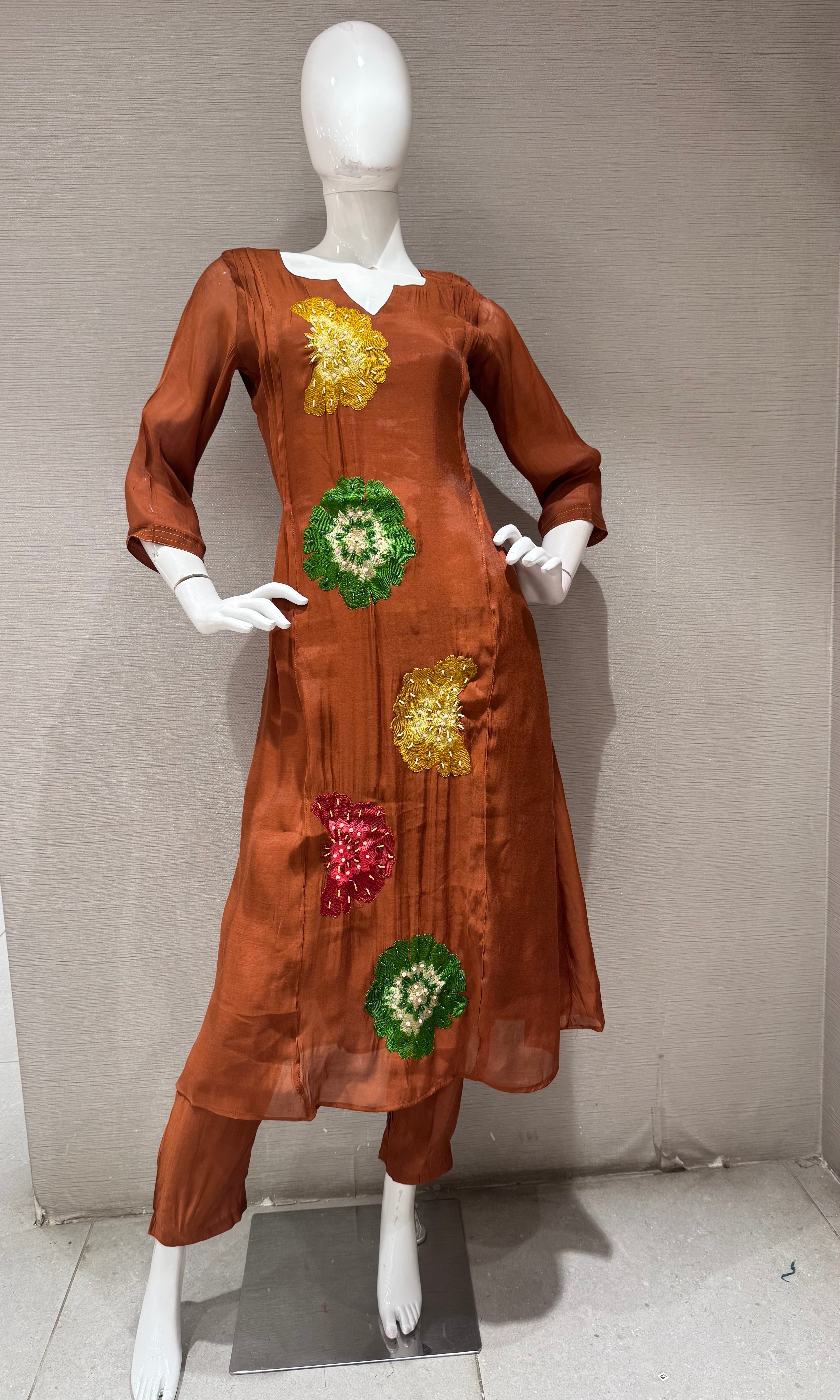 Brown cotton silk Floral Motif Kurta set with dupatta
