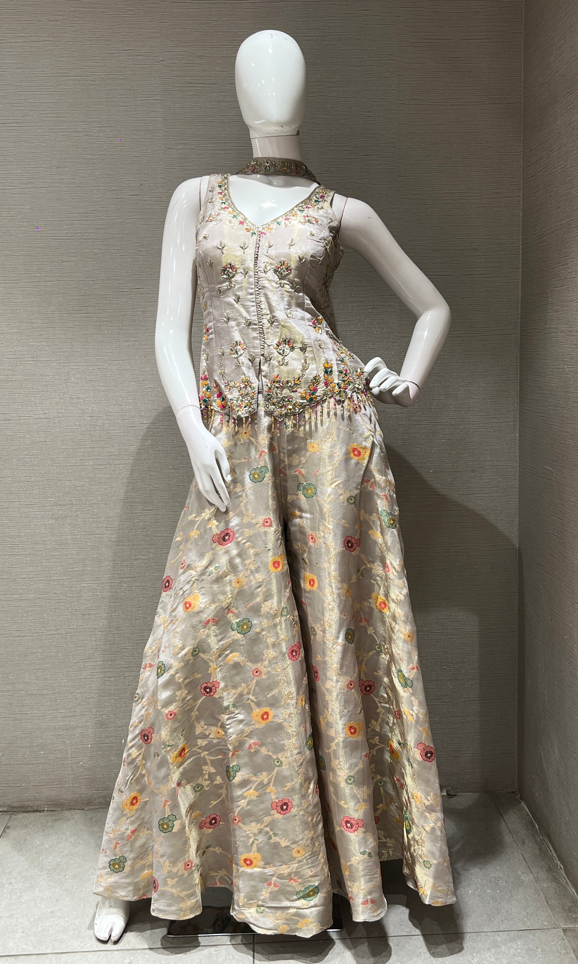 Grey FLORAL EMBROIDERED PALAZZO SET