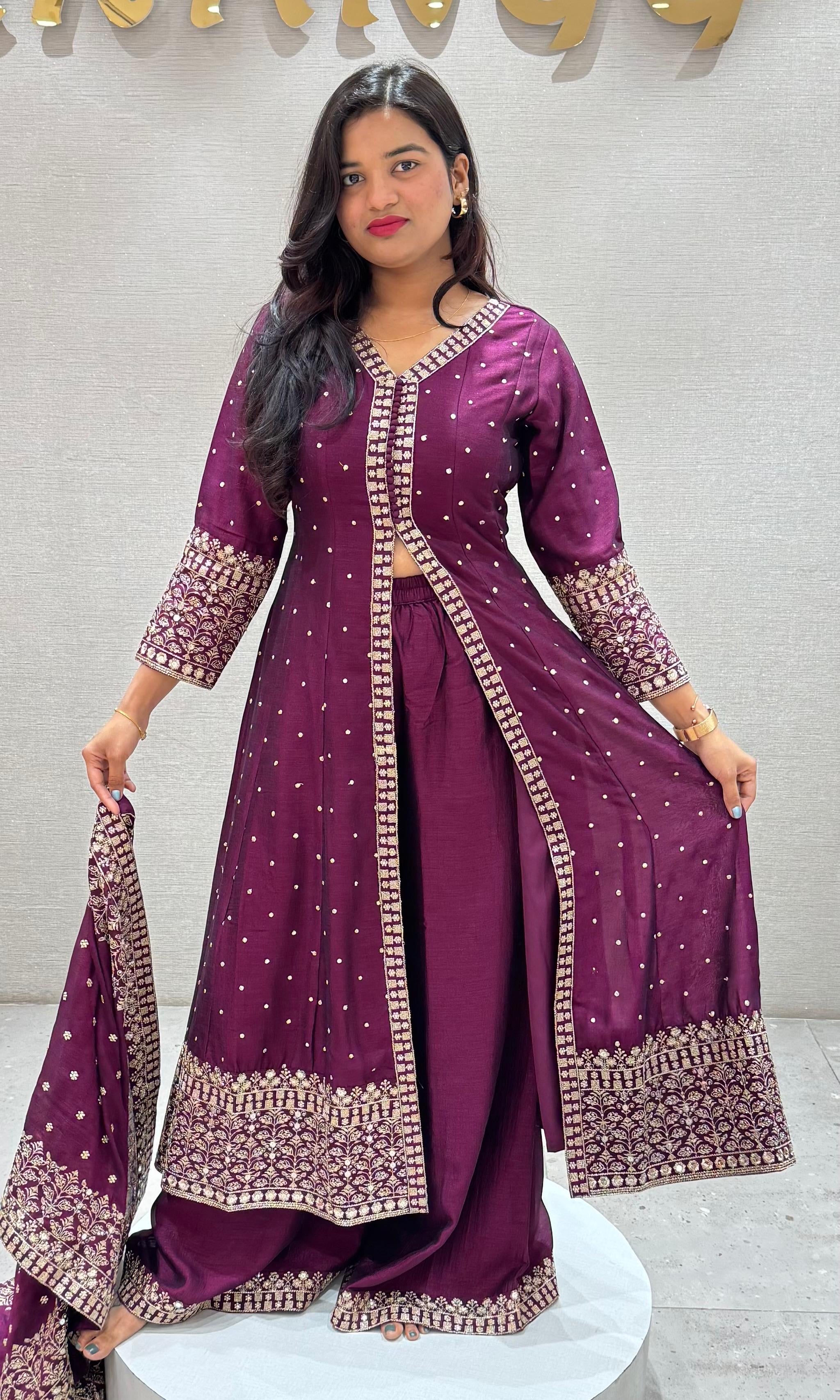 Wine FRONT SLIT EMBROIDERED ANARKALI