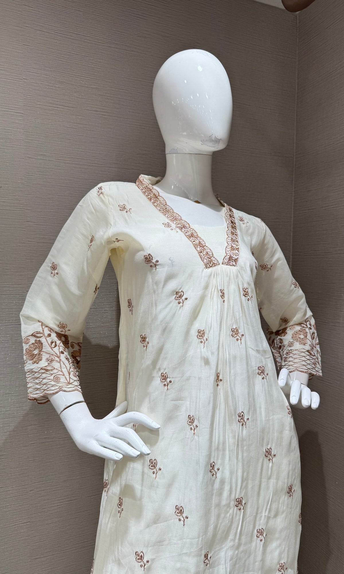 White golden floral a line kurta set with dupatta