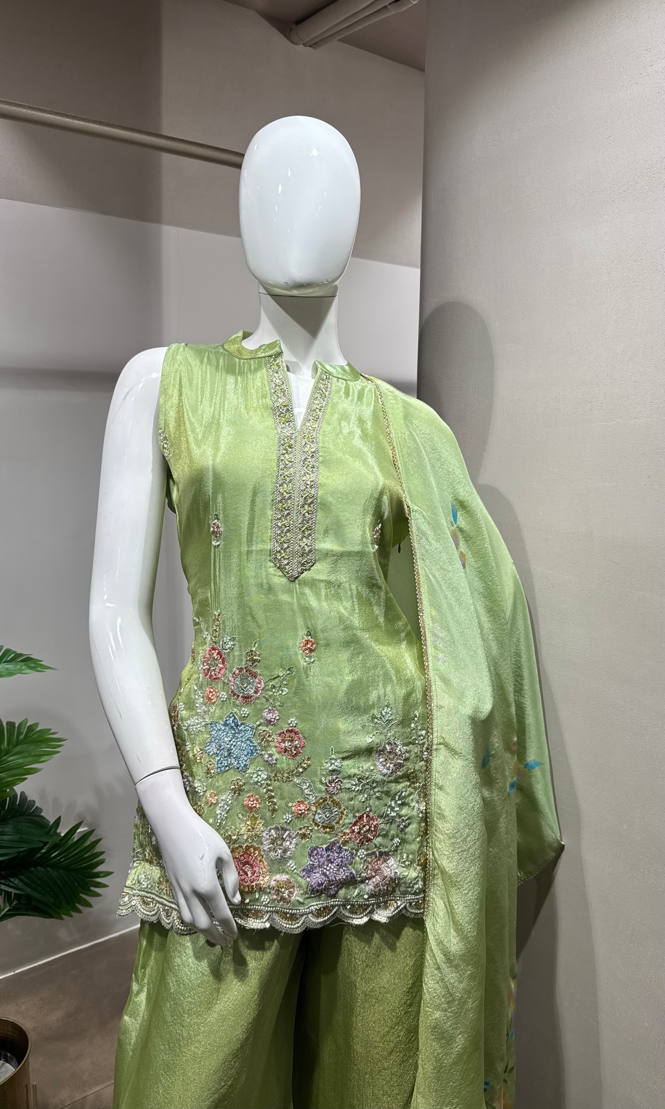 pista green floral embroidered sharara set