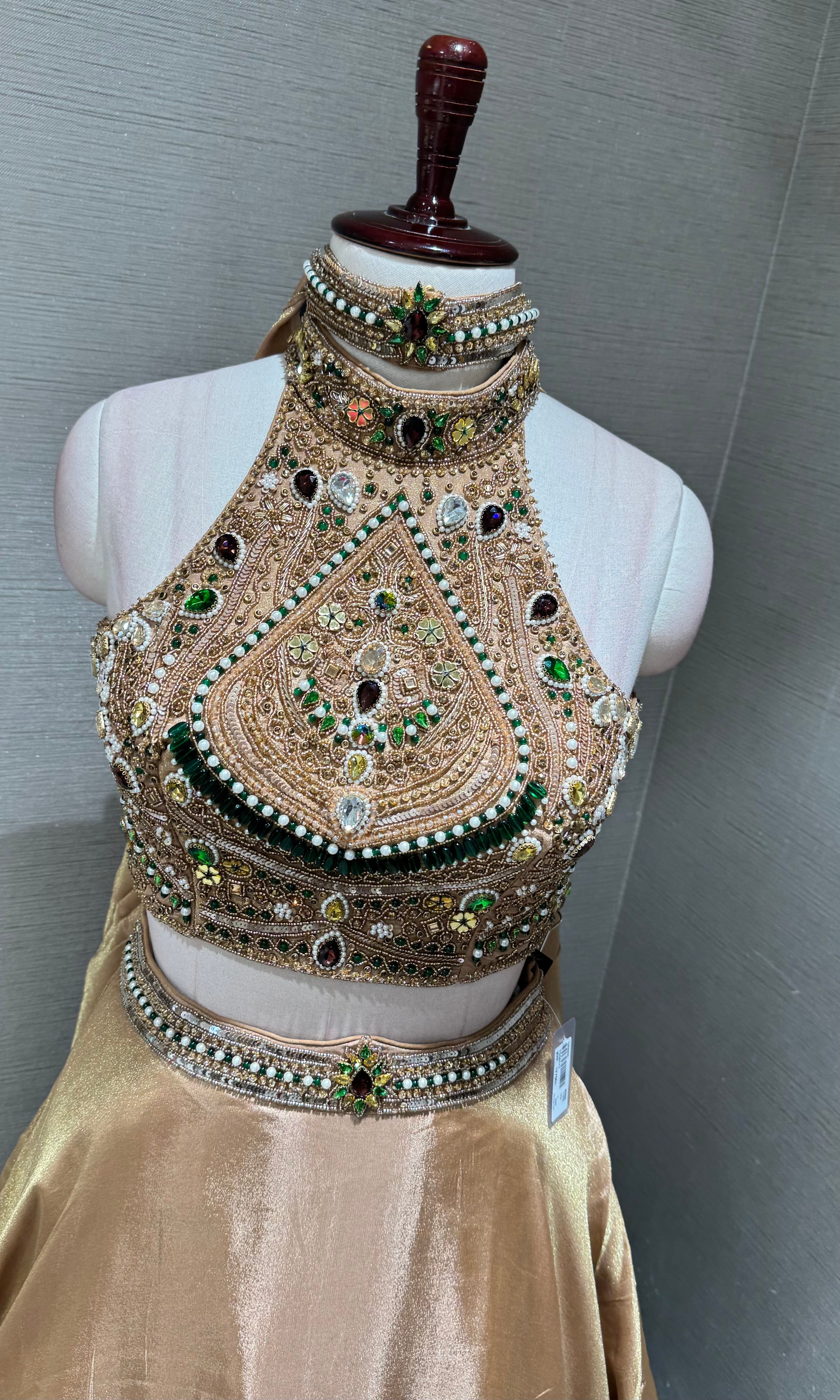Golden Halter Jeweled Neck Embellished Lehenga Set