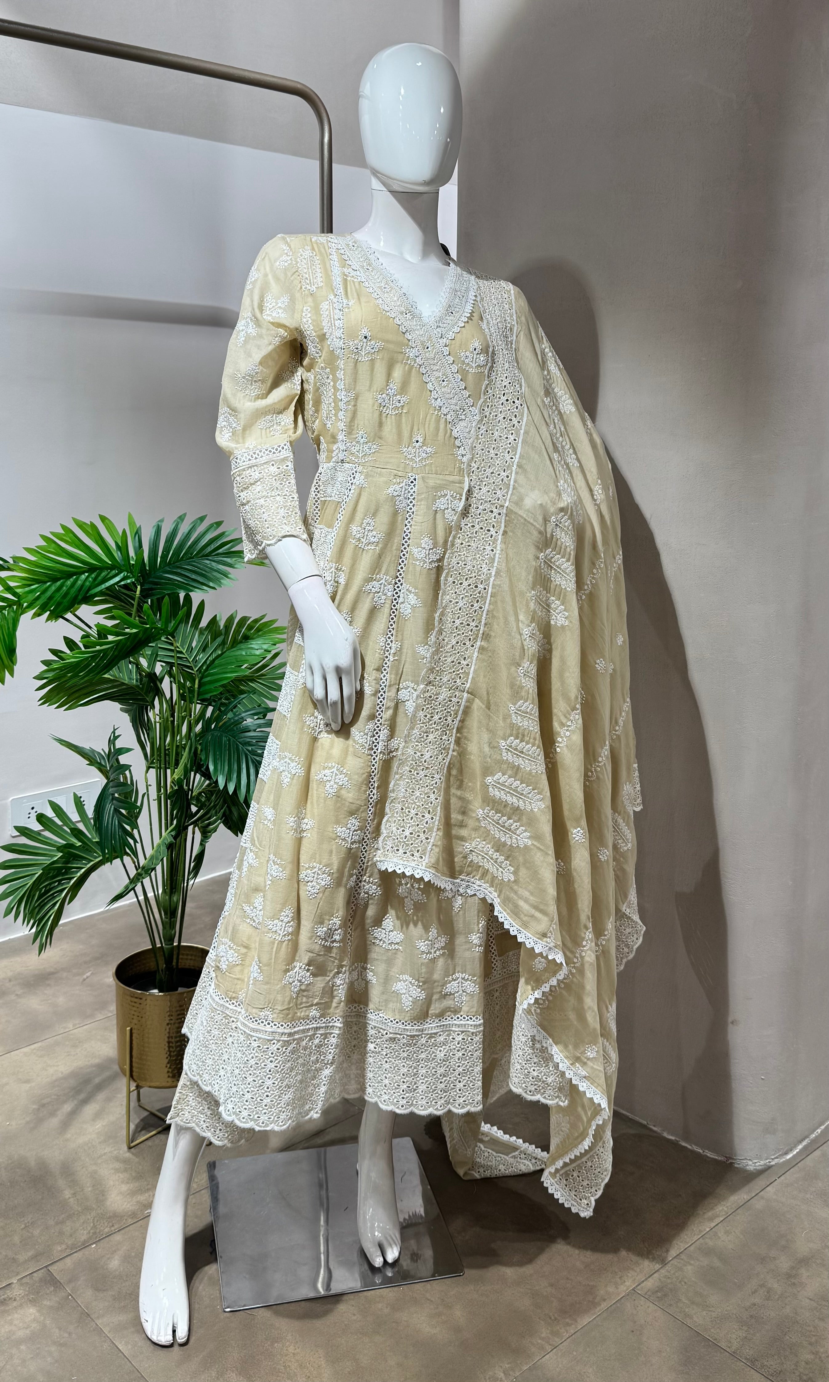 BEIGE LUCKNOWI STYLE CHIKANKARI ANARAKALI