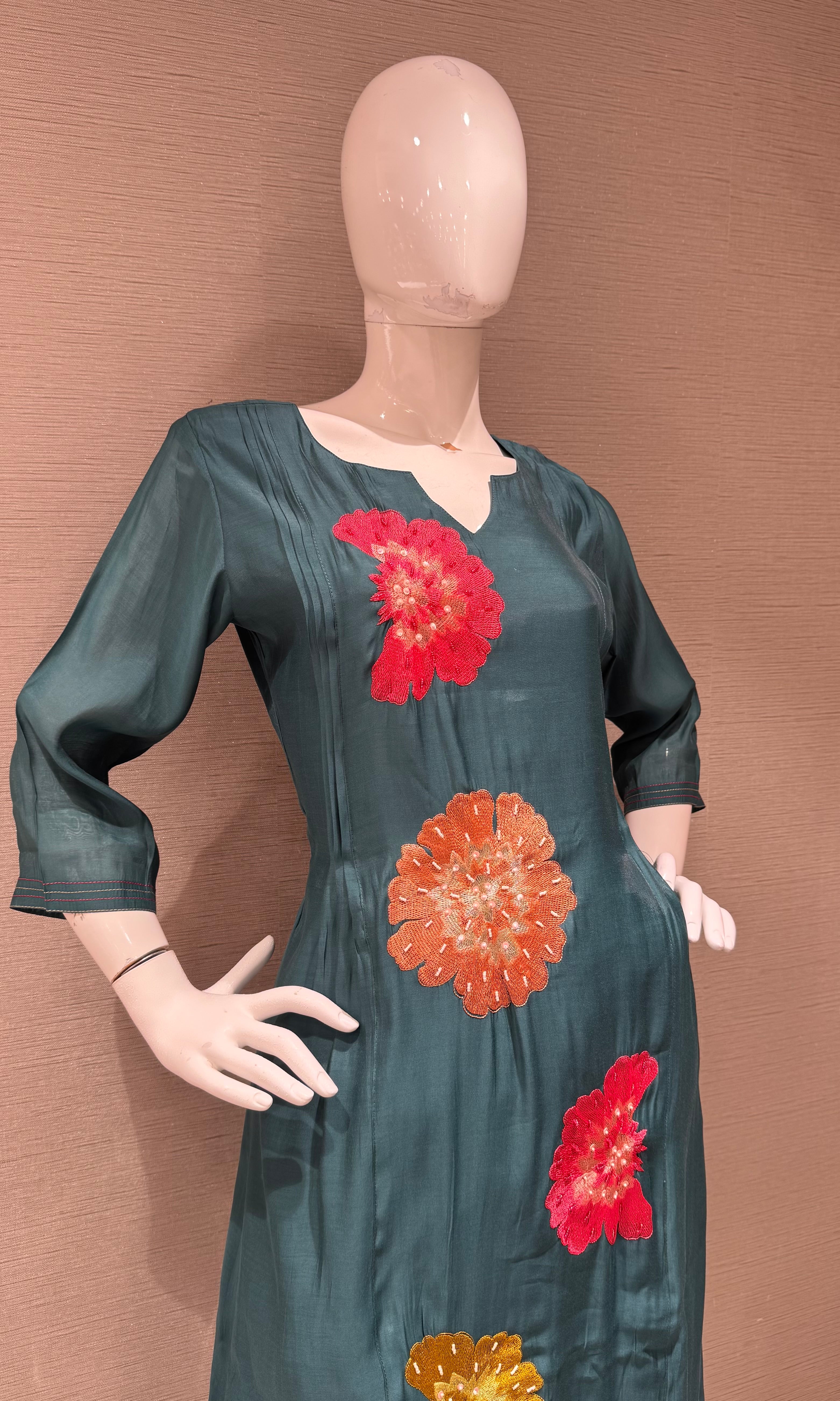 Sea Green cotton silk Floral Motif Kurta set with dupatta