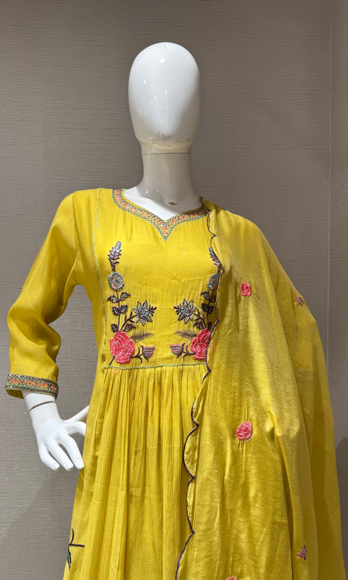 Yellow floral Mul chanderi kurta set with dupatta