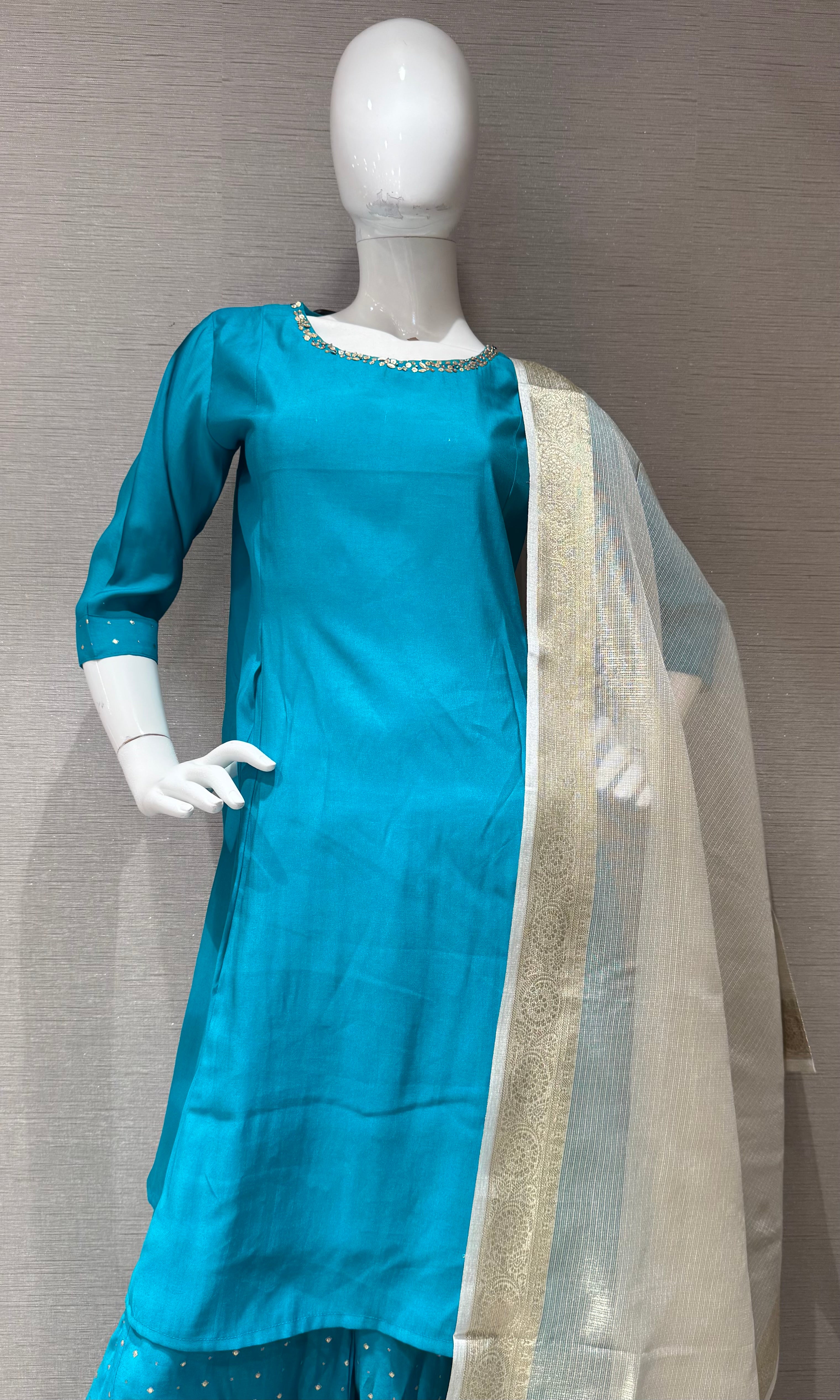Rama Kurta Set with Flared Palazzo Pants With Cream Dupatta