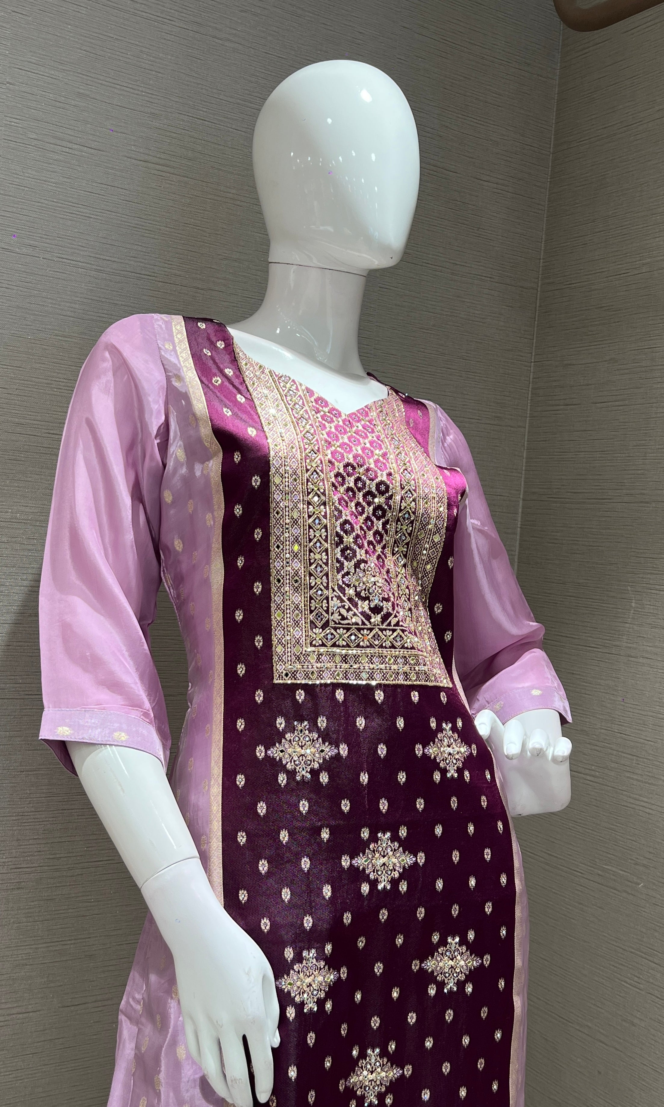 WINE EMBROIDERED KURTA SET WITH PALAZZO PANTS
