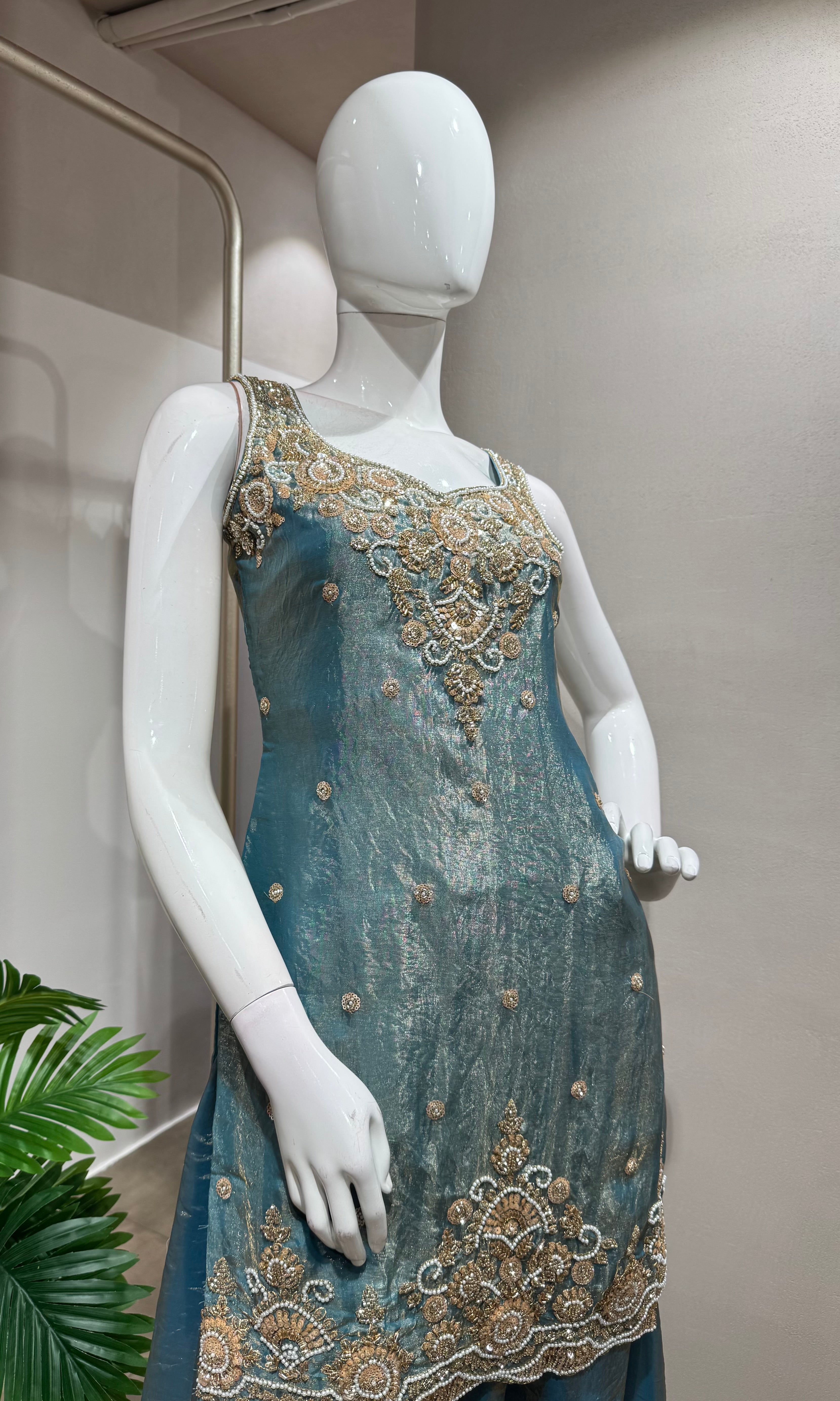 Blue Tissue golden embroidered Sharara Set