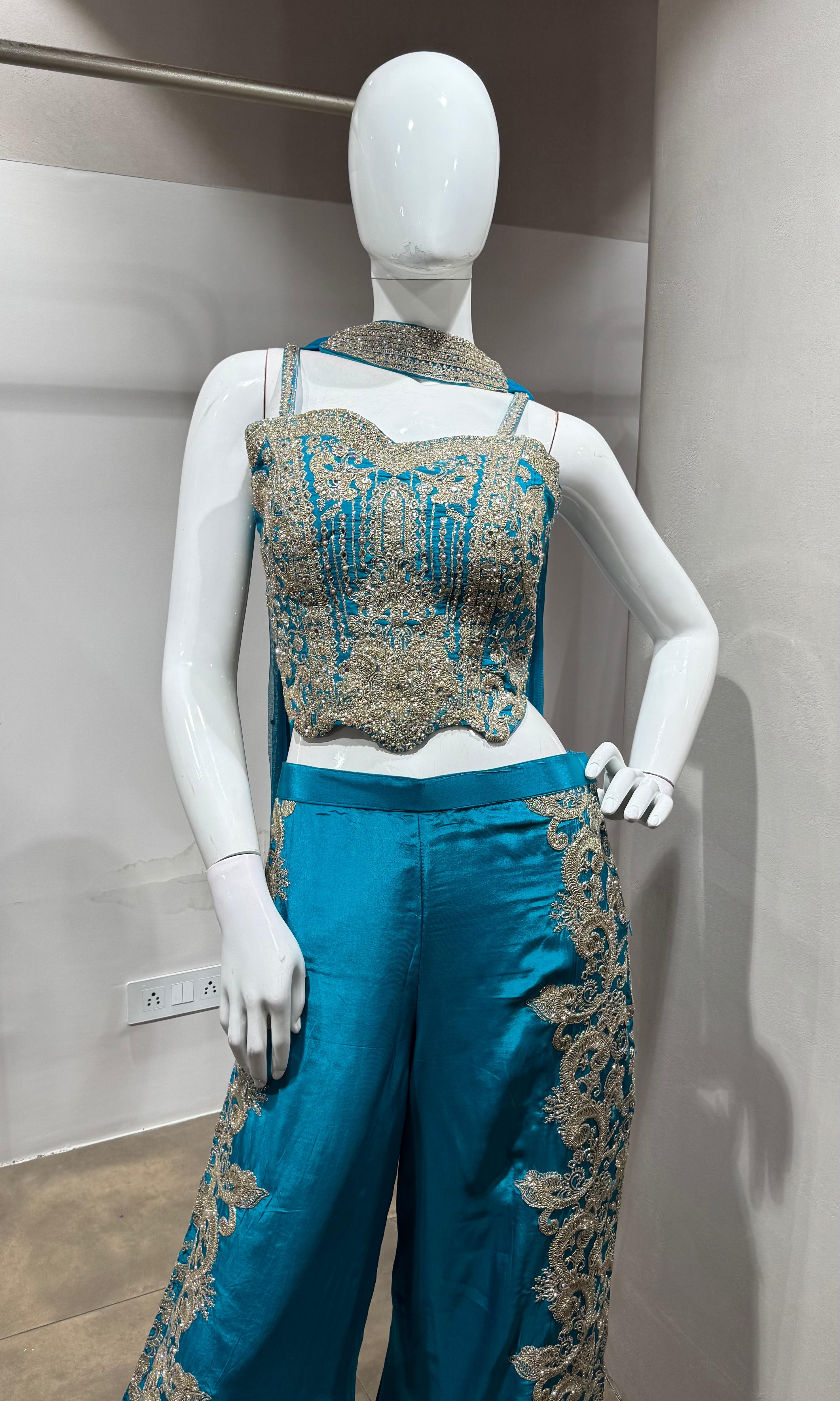 Rama blue Embroidered Indo-Western Set