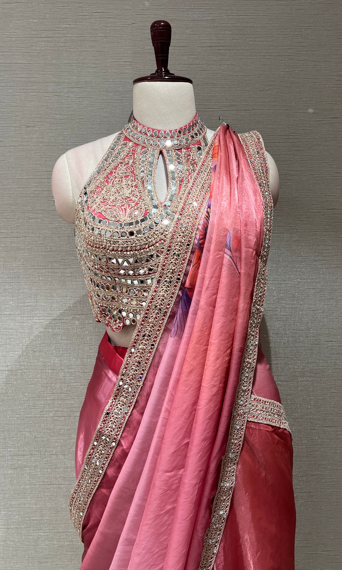 blush pink saree with Embellished halter neck blouse