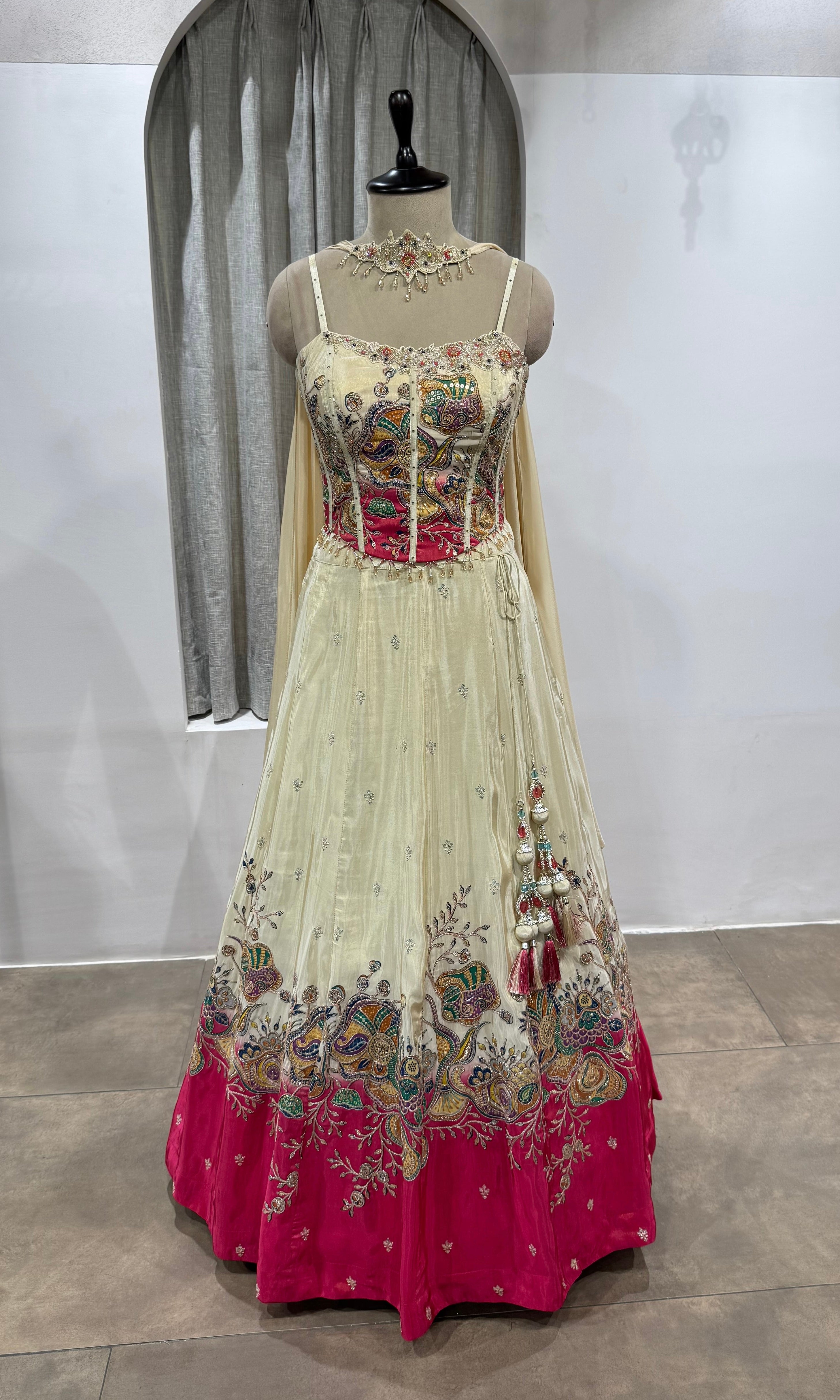 White and Pink corset Floral Lehenga