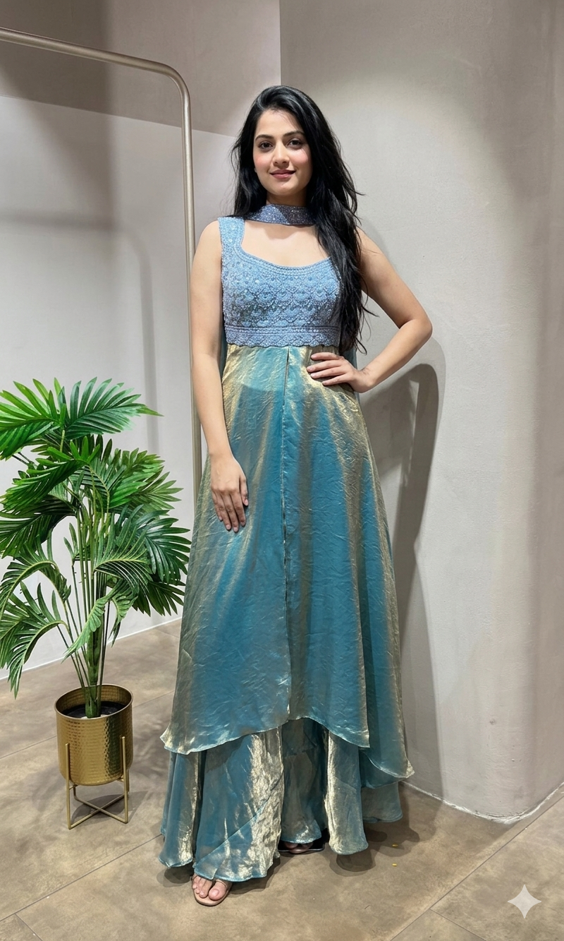 SEA BLUE  A LINE SHIMMER TISSUE PALAZZO SET