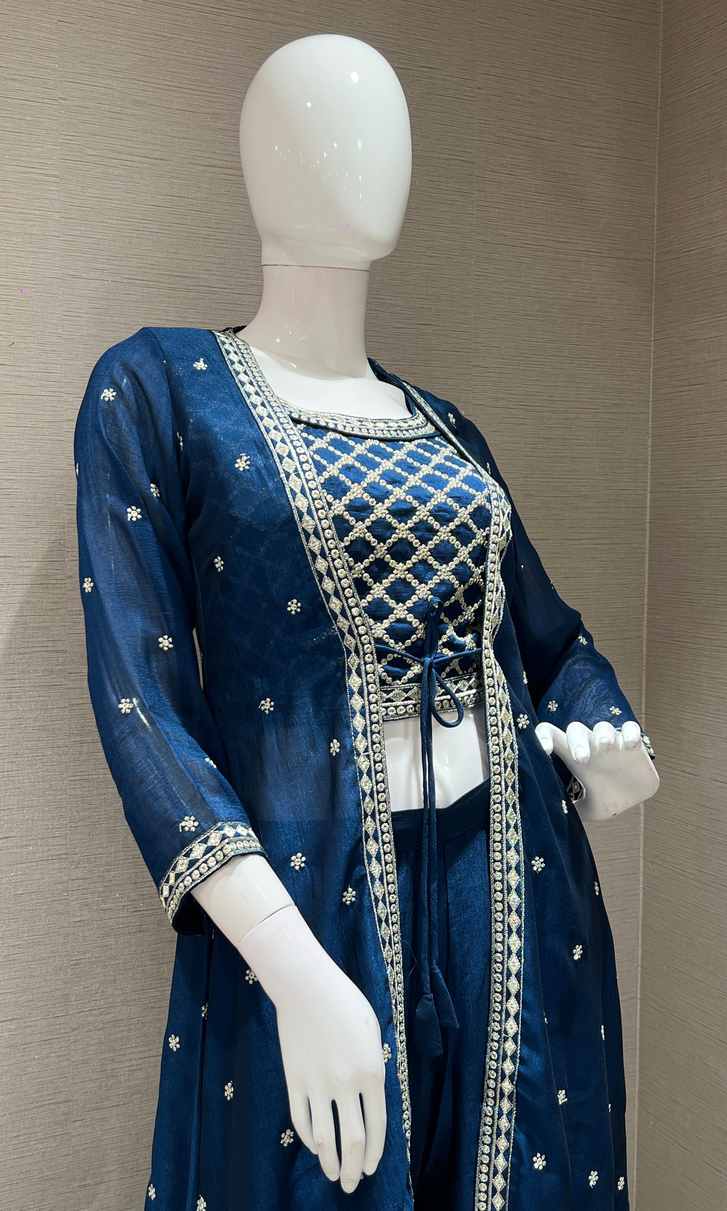 BLUE EMBROIDERED JACKET STYLE PALAZZO