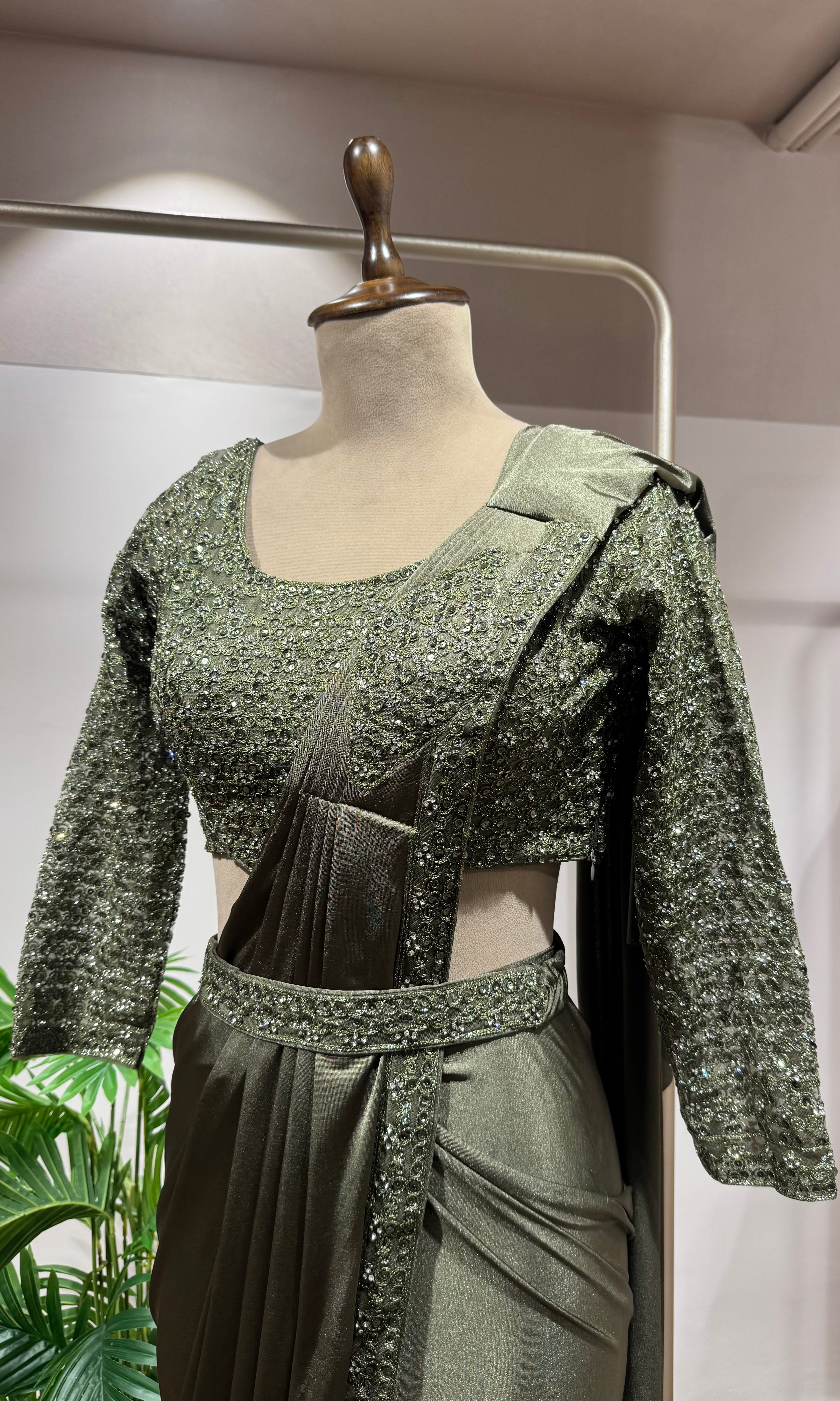 GREEN DRAPE SAREE WITH BLOUSE & BELT