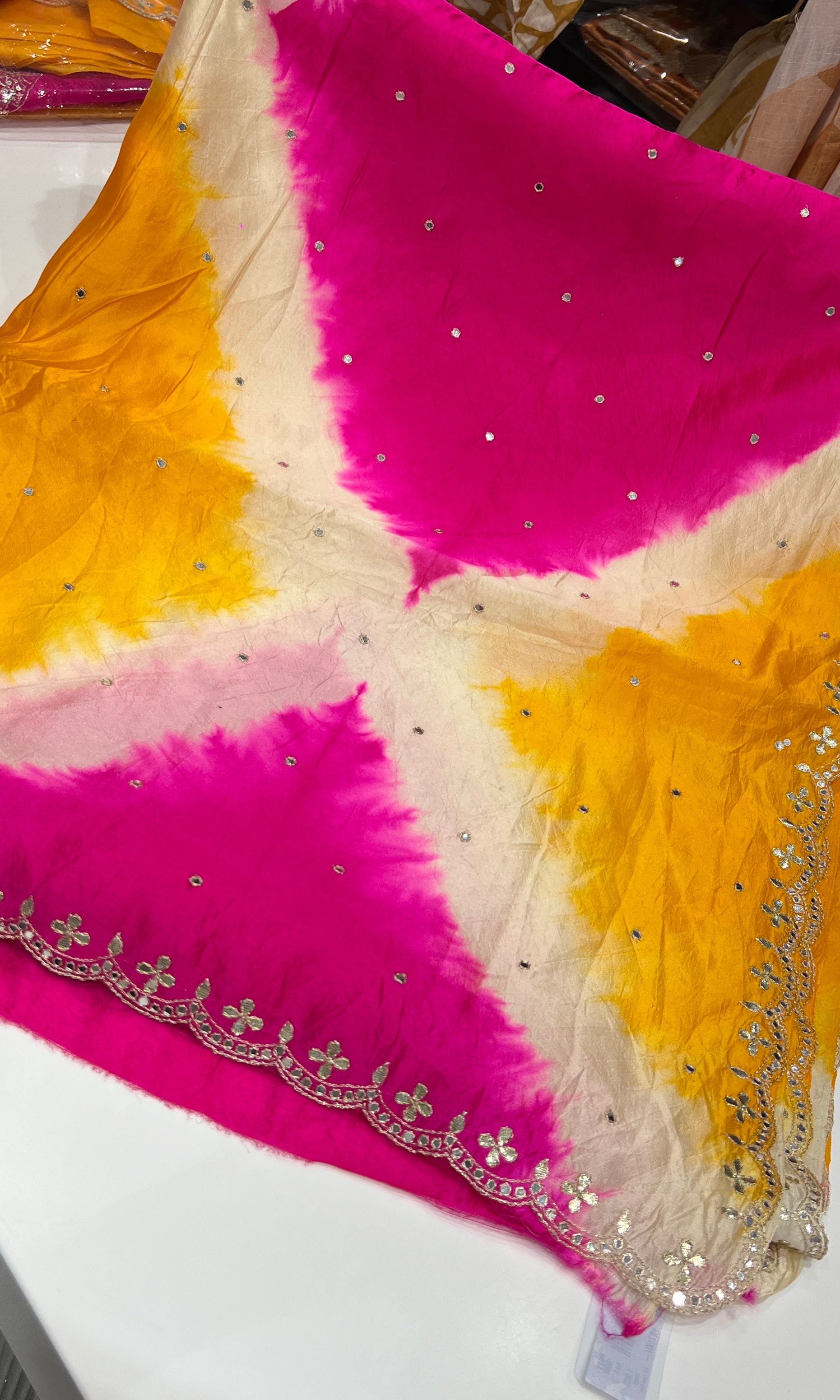 Shibori Tussar silk yellow and pink saree