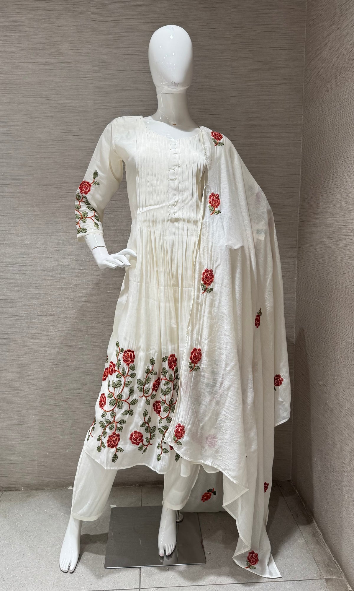 White Rose Floral Cotton Kurta set with Dupatta