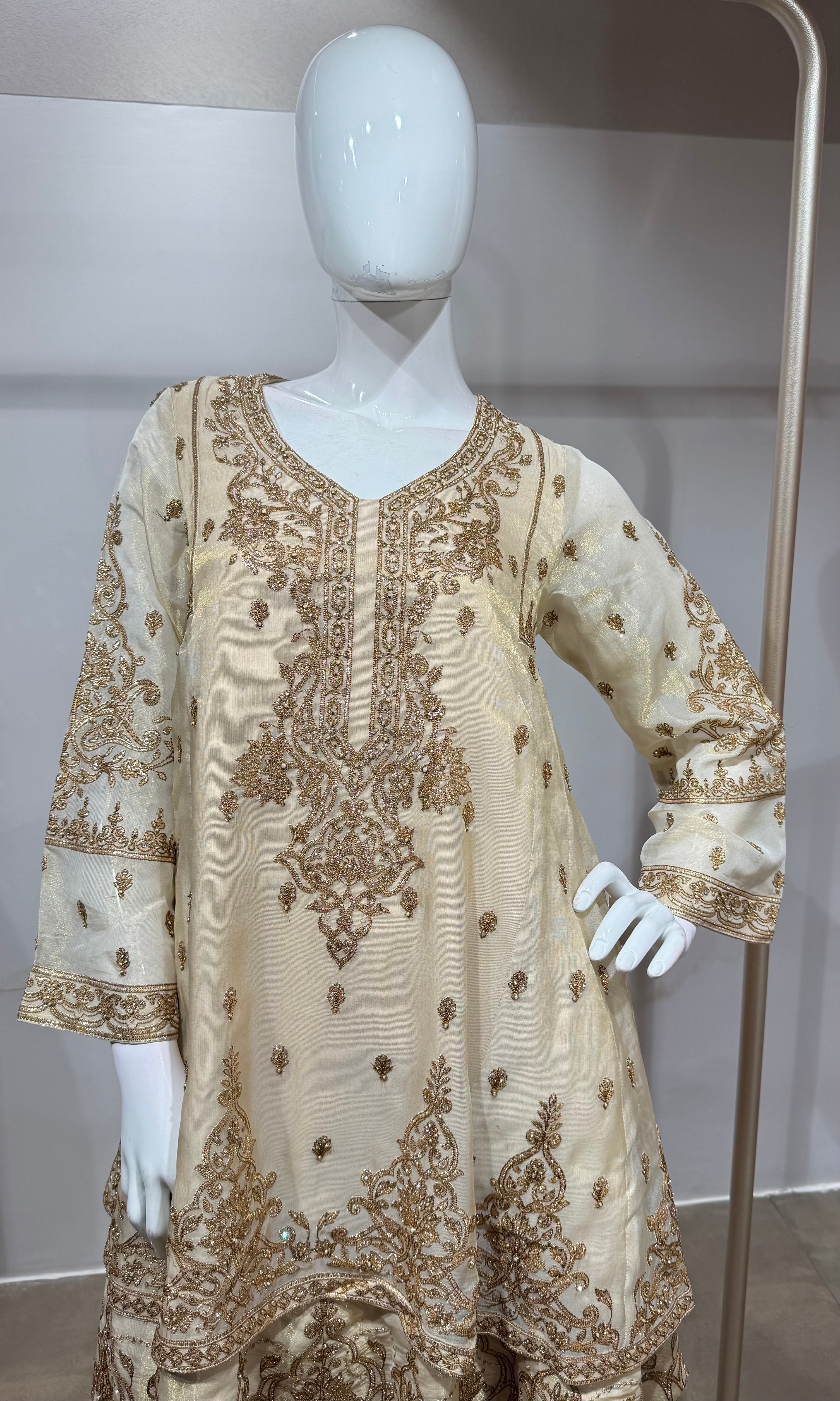 gold tissue suit with golden embroidery & straight pants
