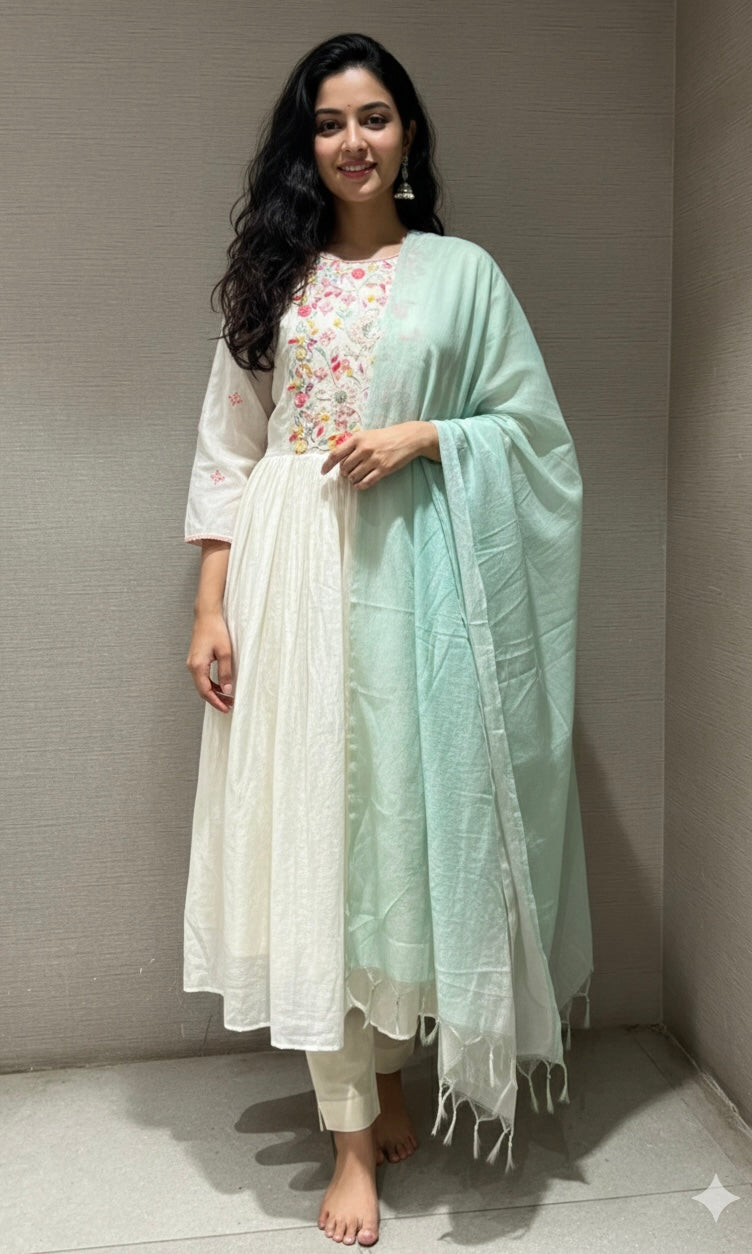 Half white floral work mul chanderi kurta set