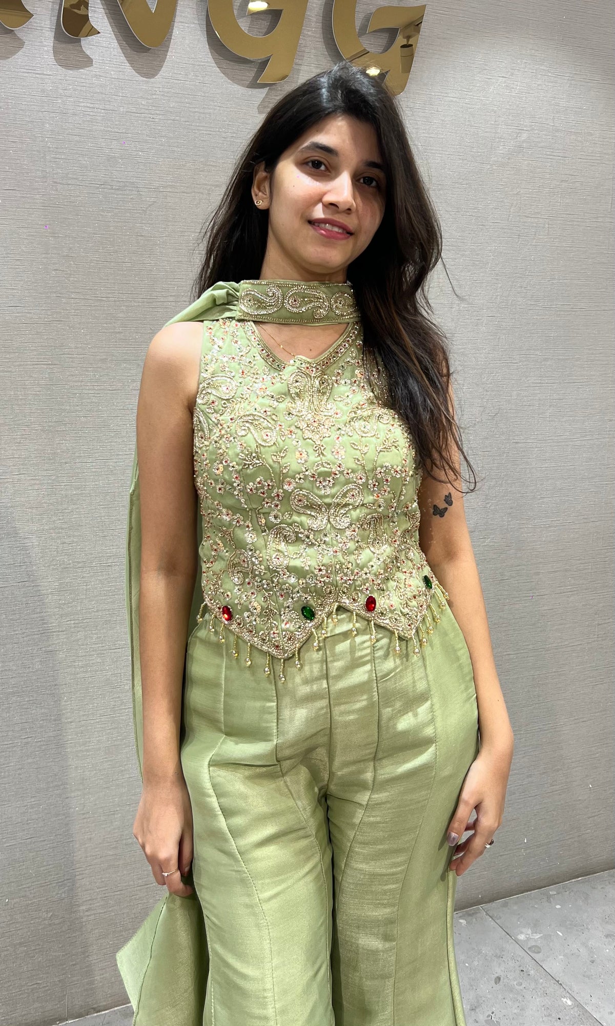 Pista Green shimmer Embellished Palazzo set