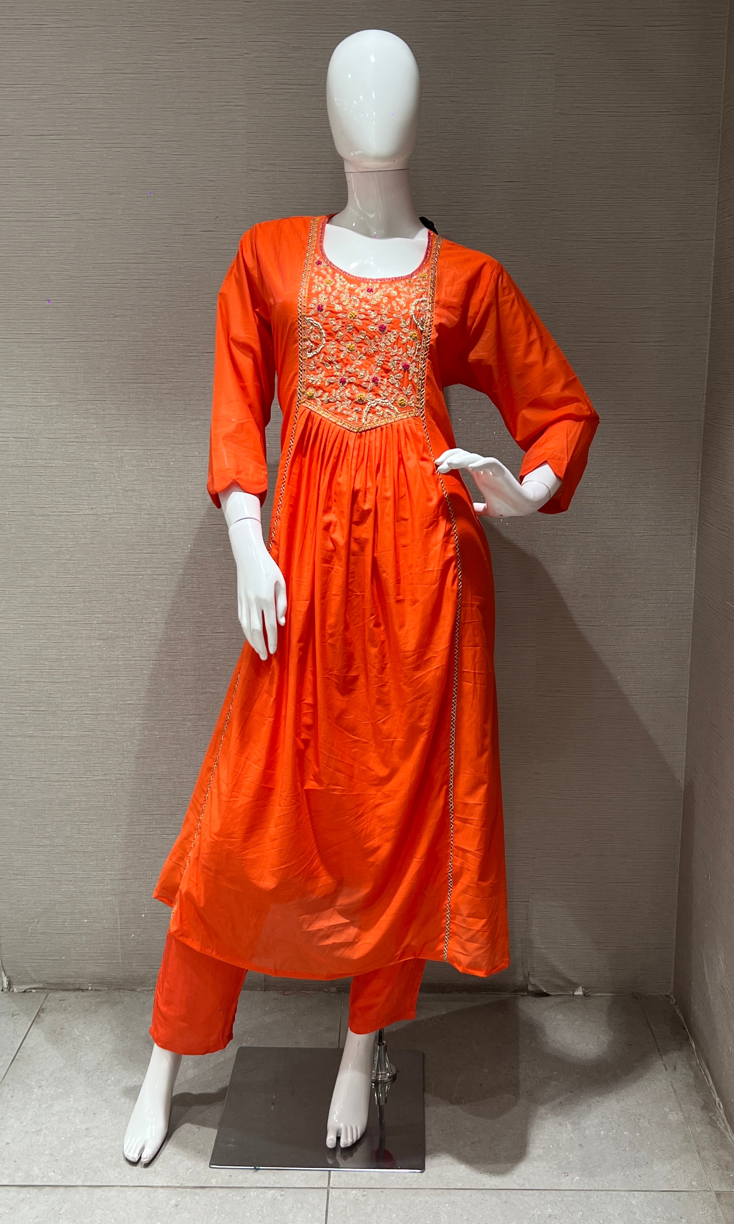 Orange MUL CHANDERI ANARKALI KURTA SET