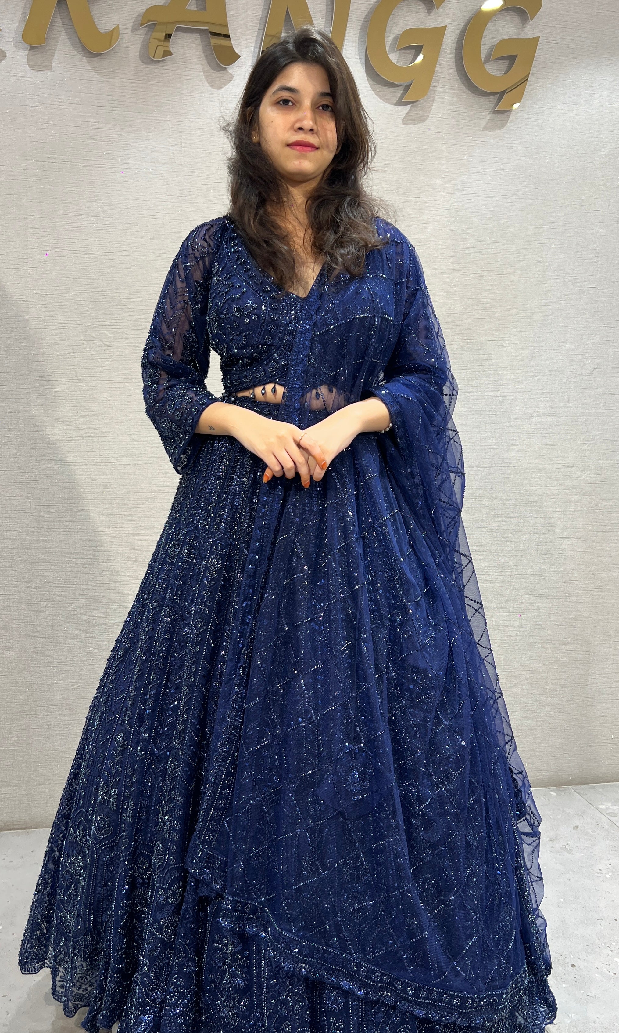 Navy Blue Embellished Net Lehenga