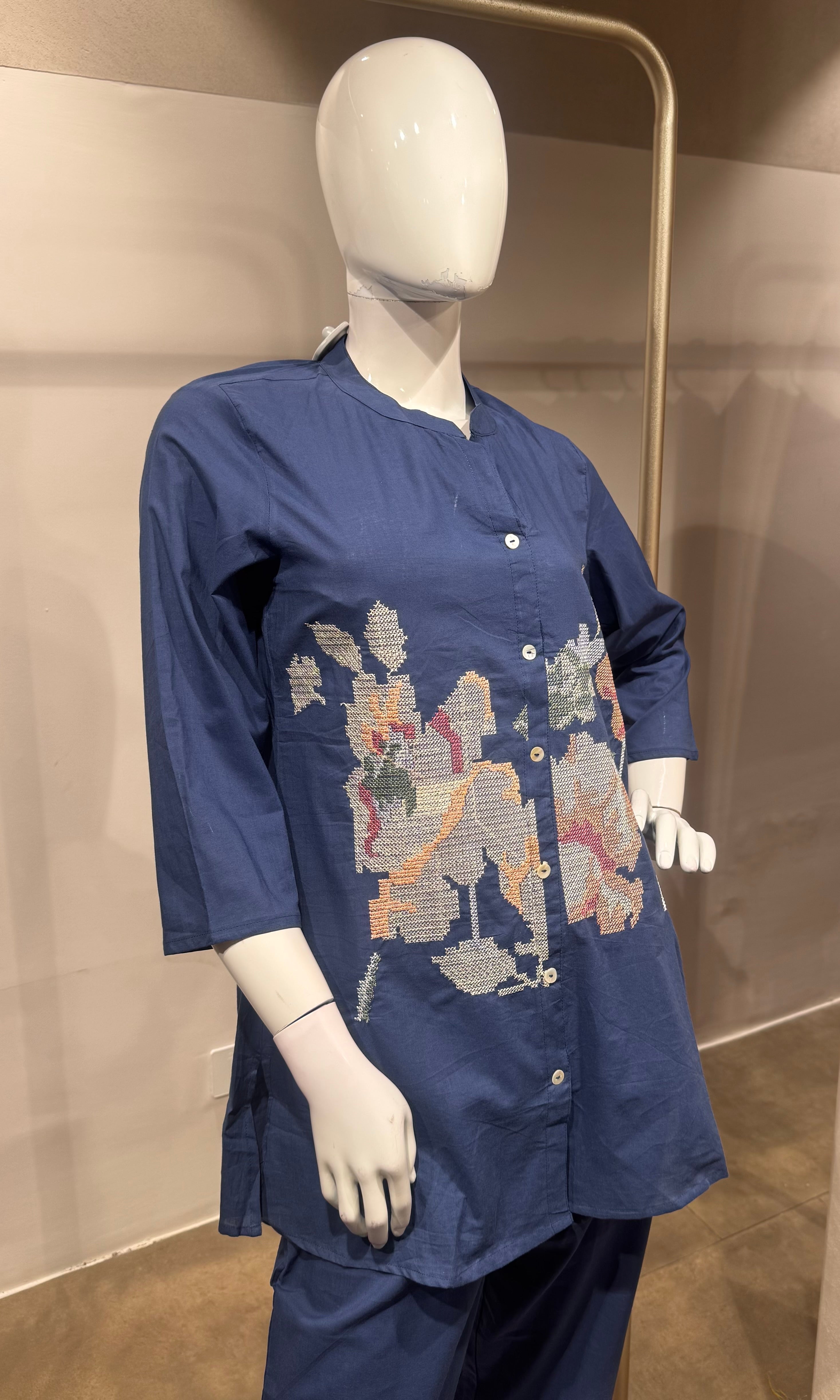 Blue Floral Embroidered Co-Ord SET