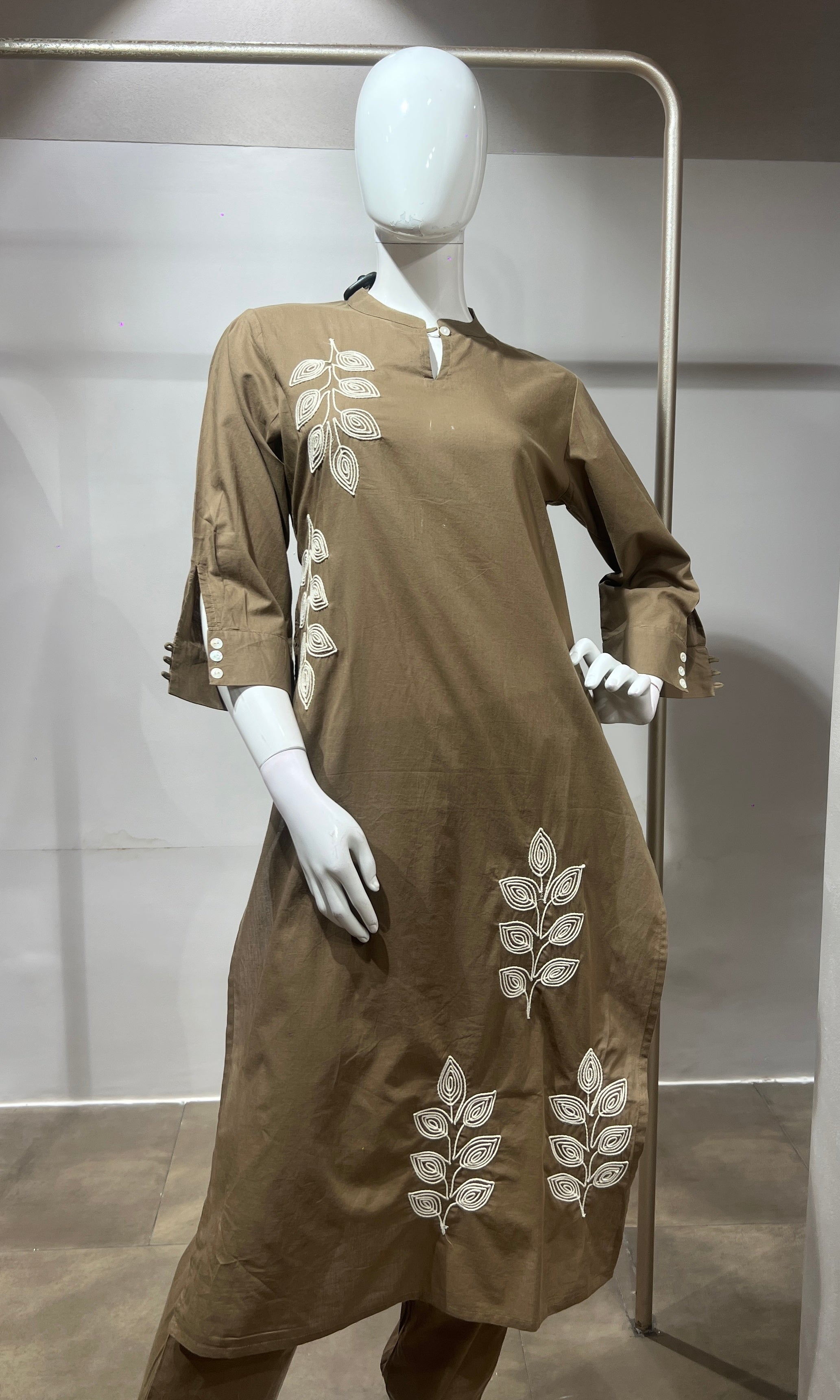 Beige Leaf Cotton Kurta Set with Tassel Dupatta