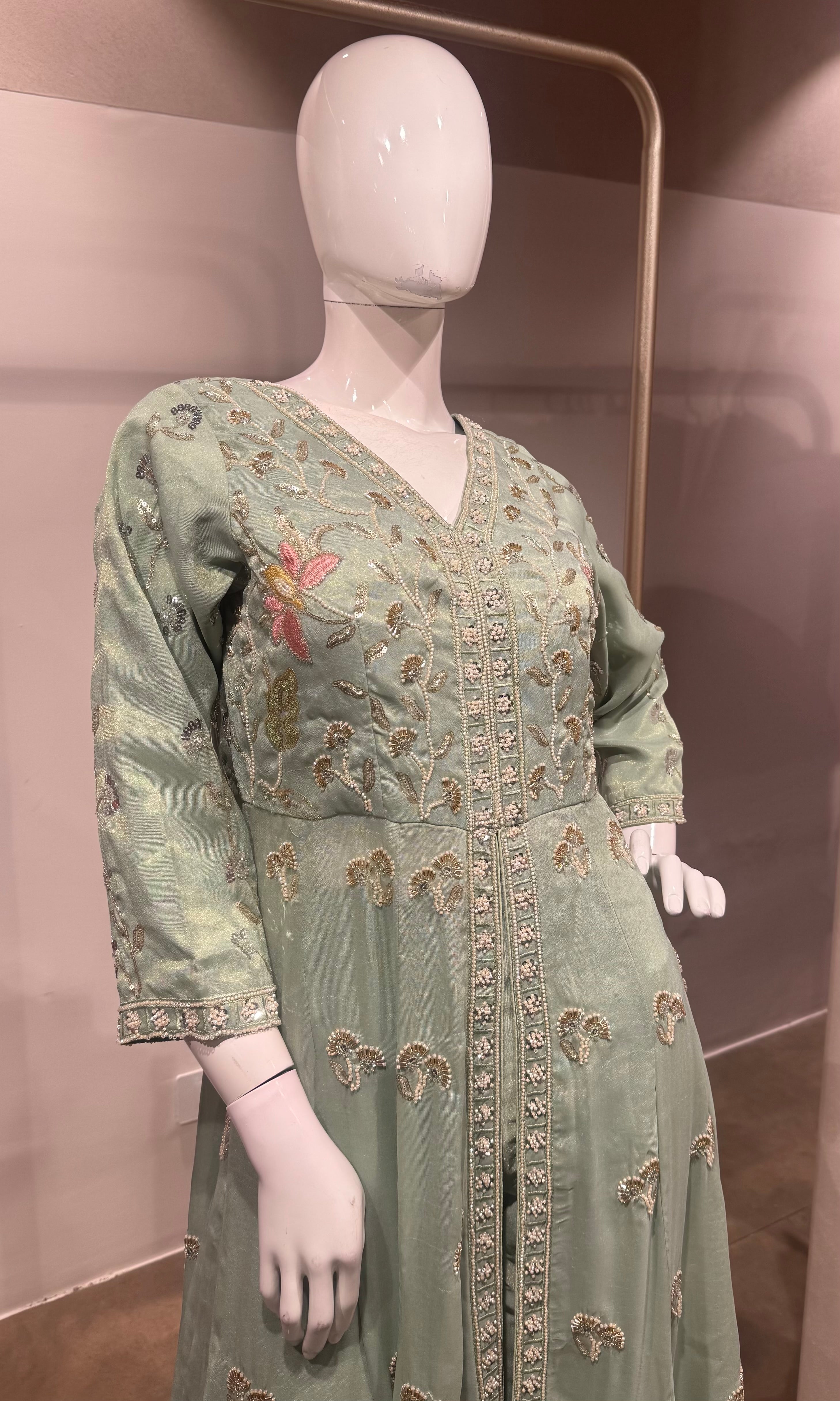 Mint Green Floral Embroidered Anarkali Front slit Set