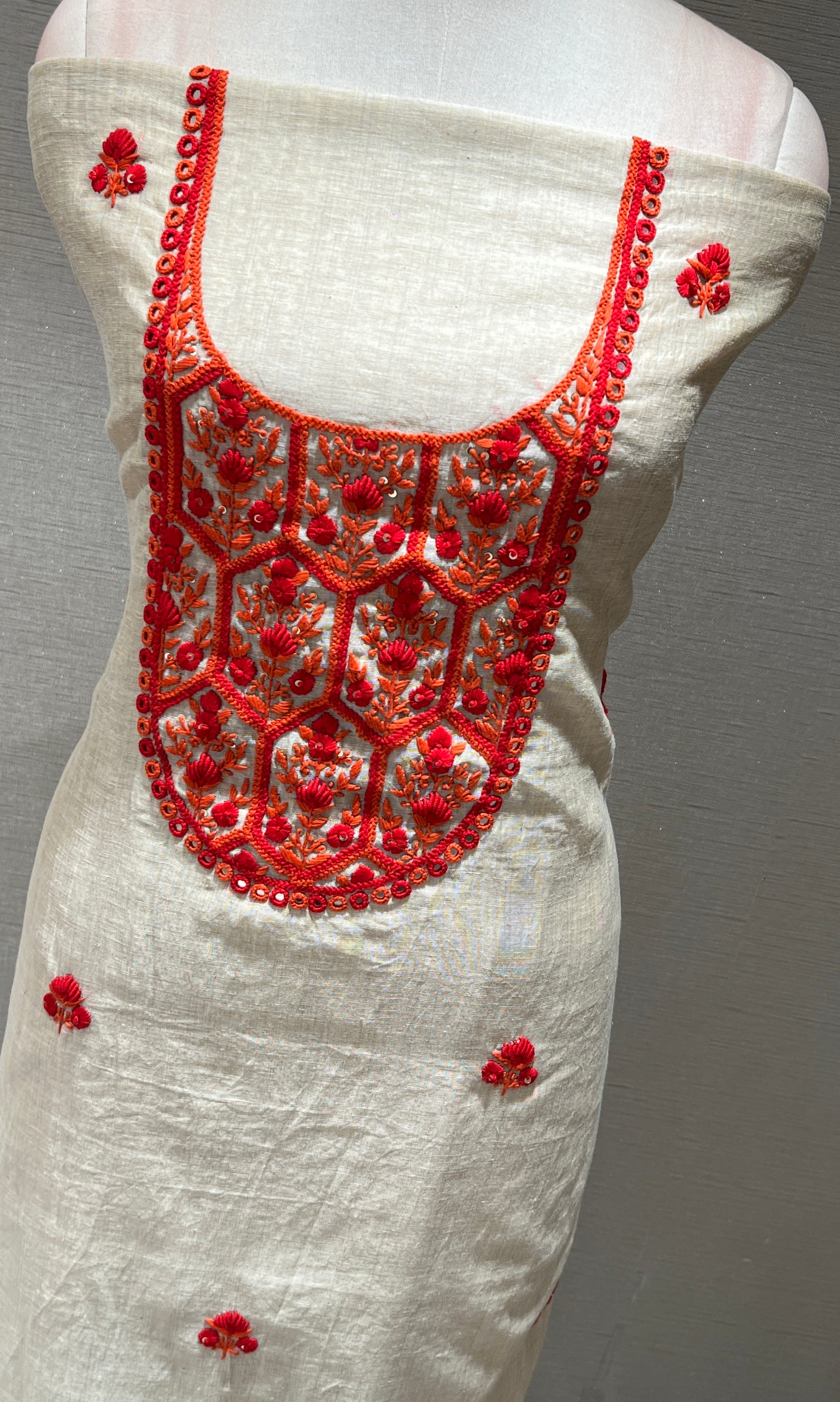 RED FLORAL EMBROIDERED DRESS MATERIAL