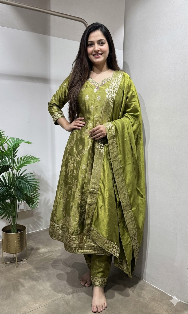 green embroidered silk ANARKALI suit set