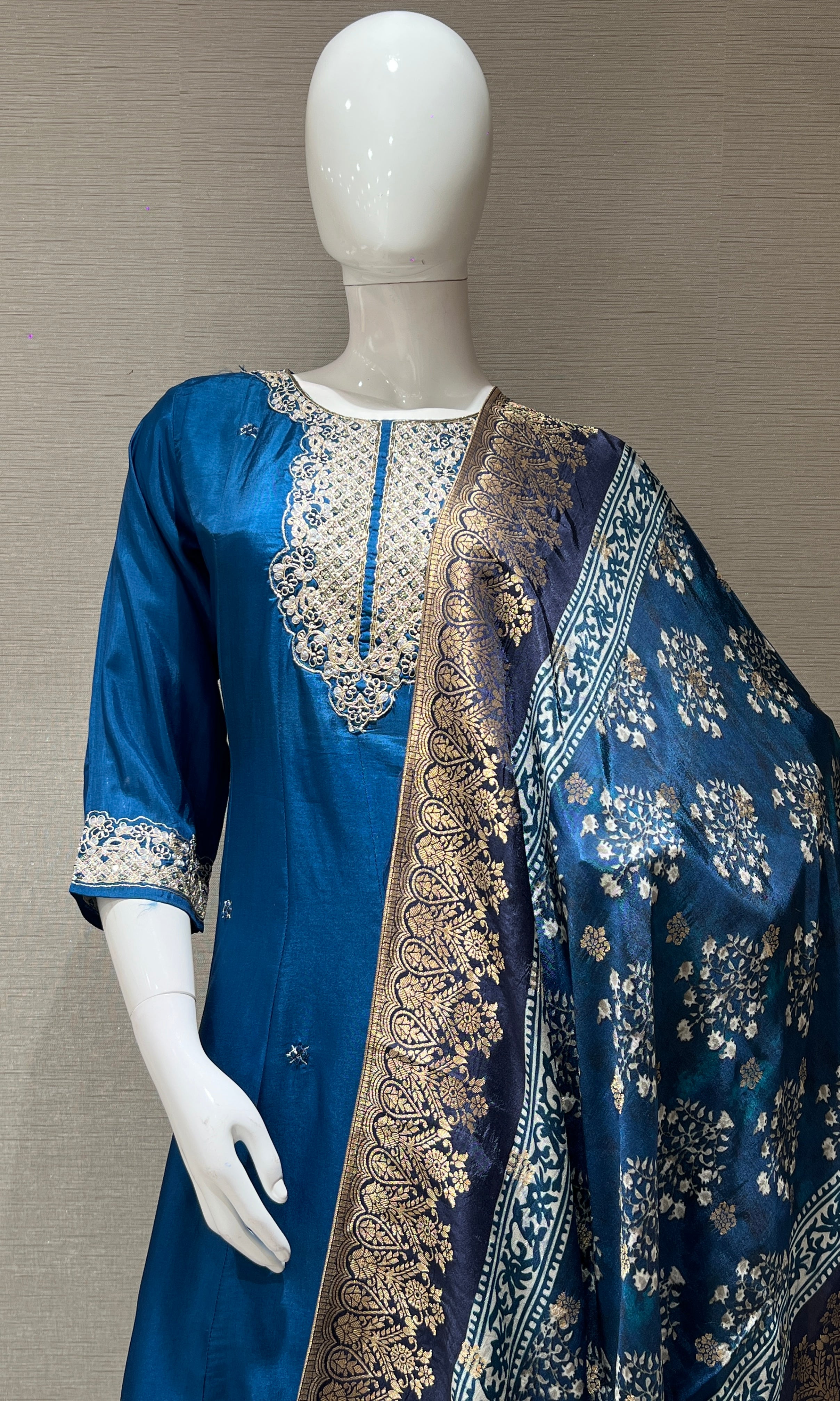 Blue Golden Embroidered Kurta Set