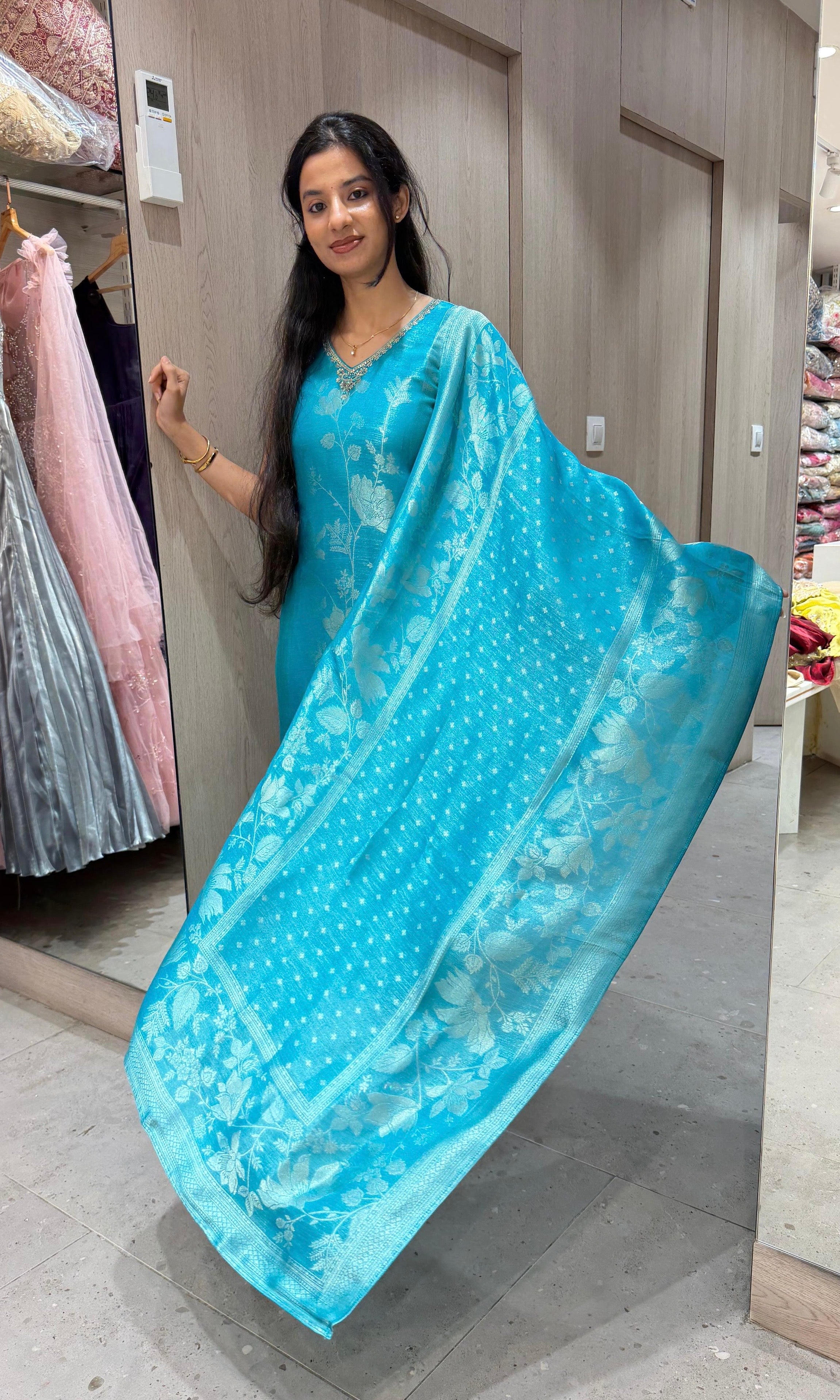 Rama blue banarasi kurta set with dupatta