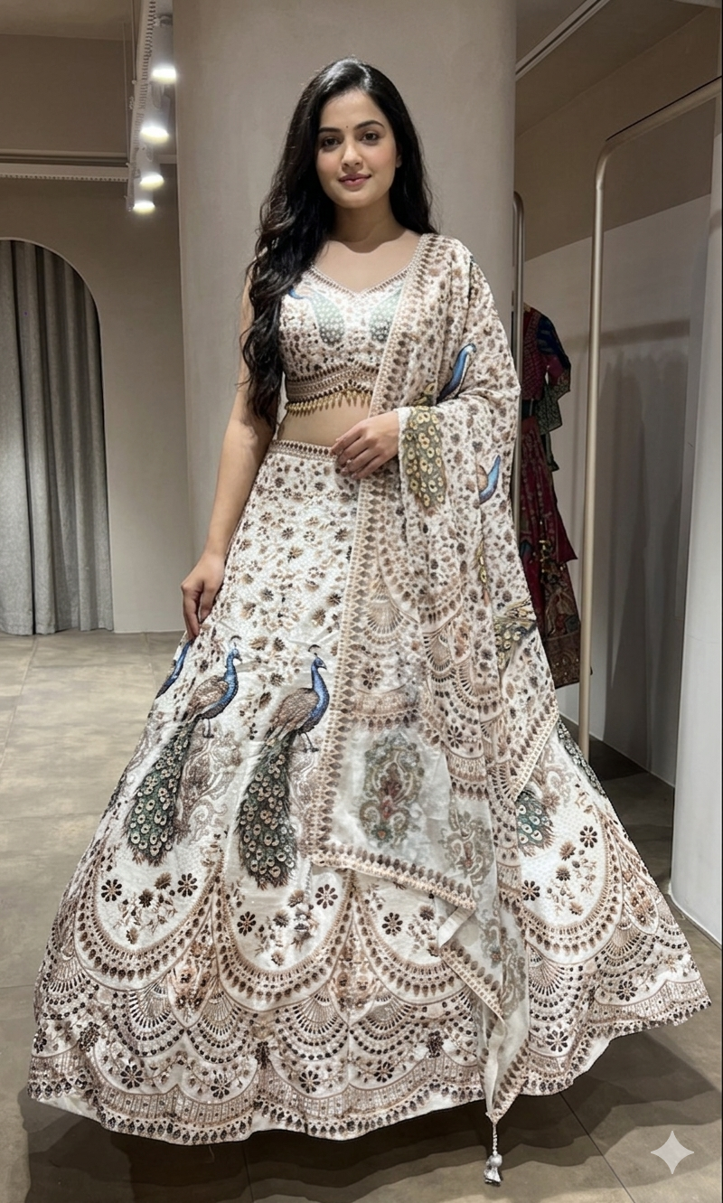 WHITE PEACOCK EMBROIDERED LEHENGA