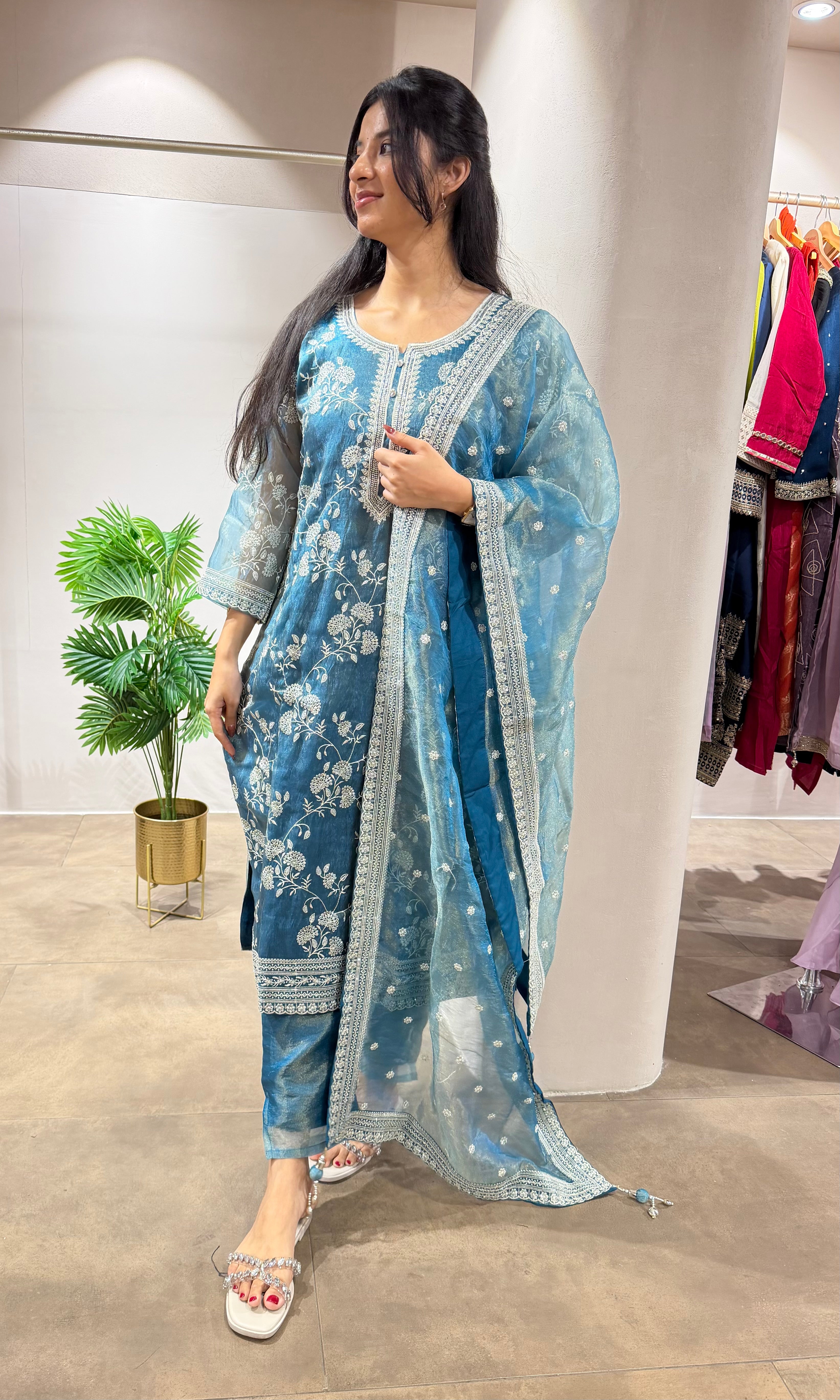 Ice Blue Tissue kurta set with dupatta