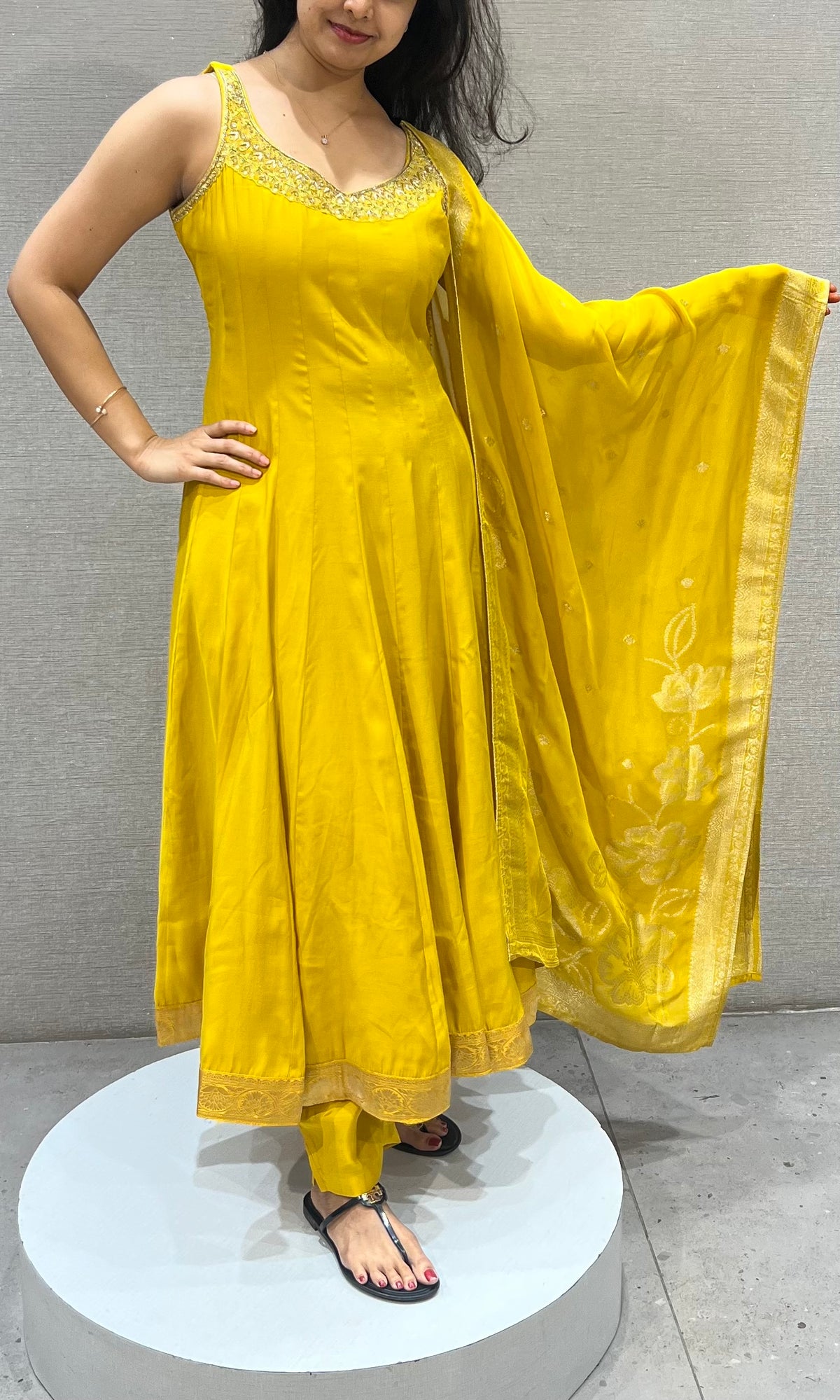 Vibrant Yellow silk Anarkali with Matching Dupatta