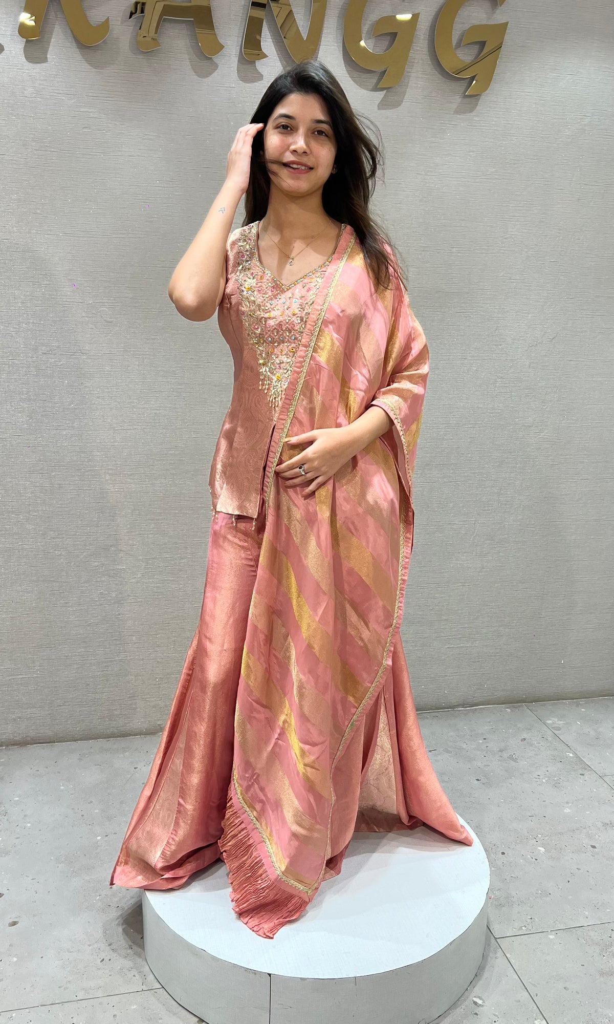 Onion pink Shimmer Tissue Peplum palazzo set with dupatta