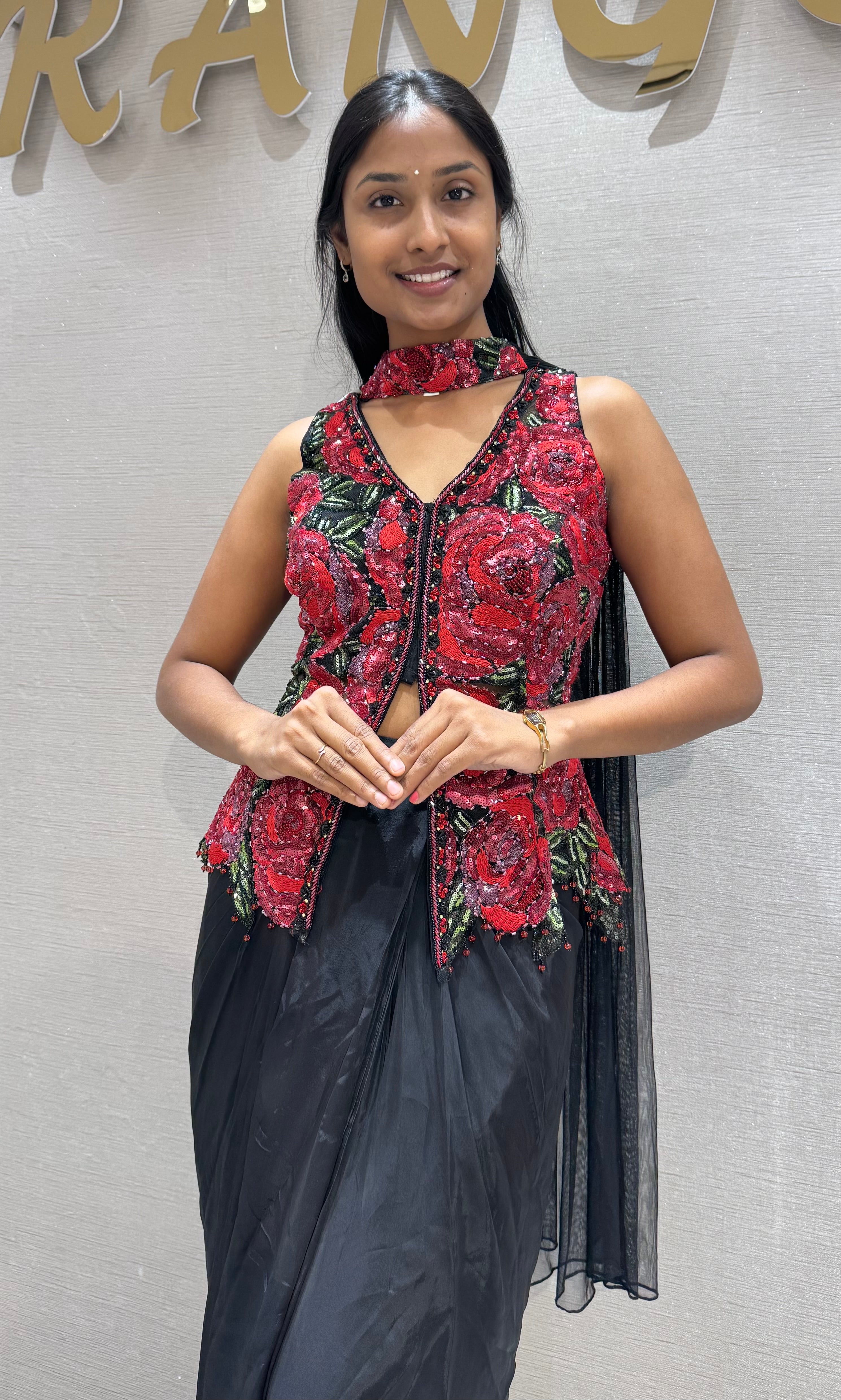 Black & Red Crimson Floral with Dhoti Pants