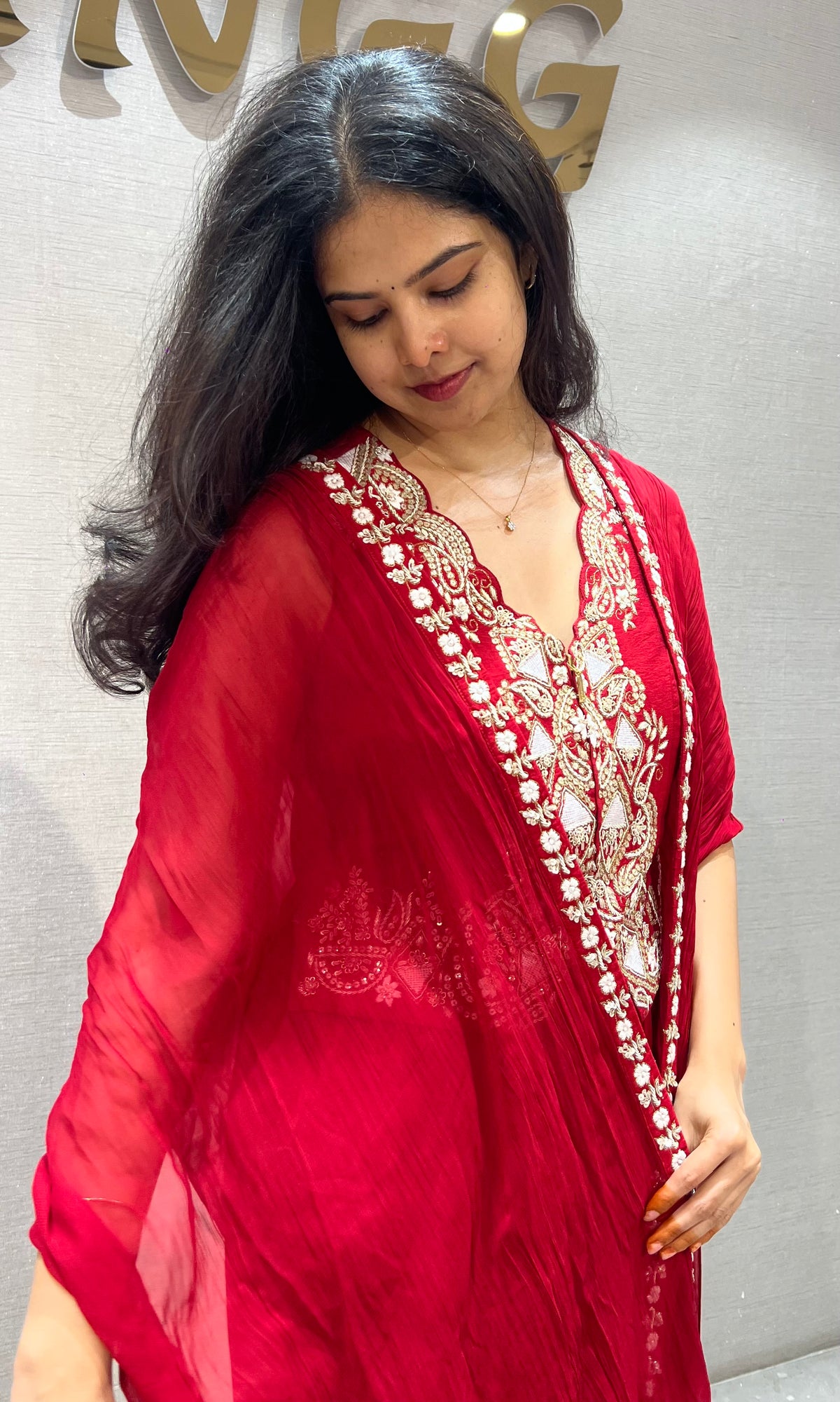 Red Embroidered Georgette skirt with Jacket & Shrug