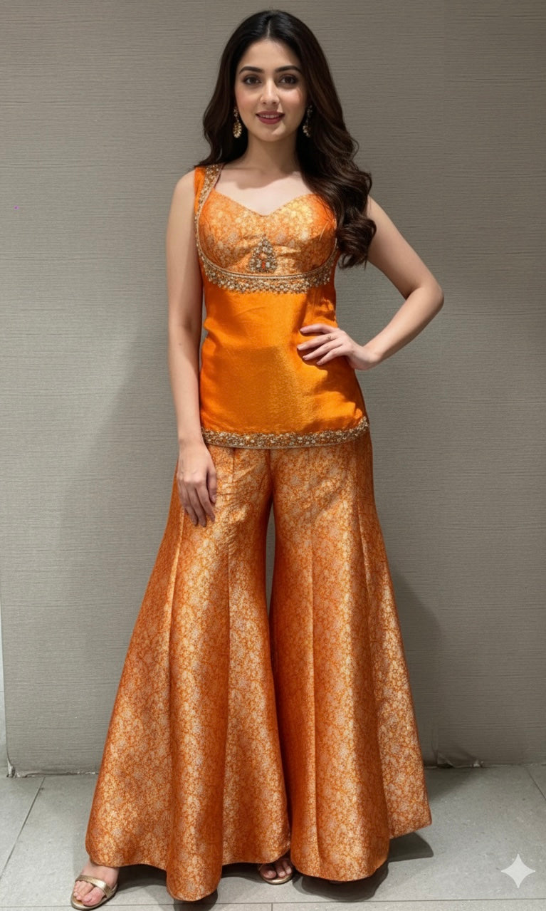 orange silk crop top and flared SHARARA set