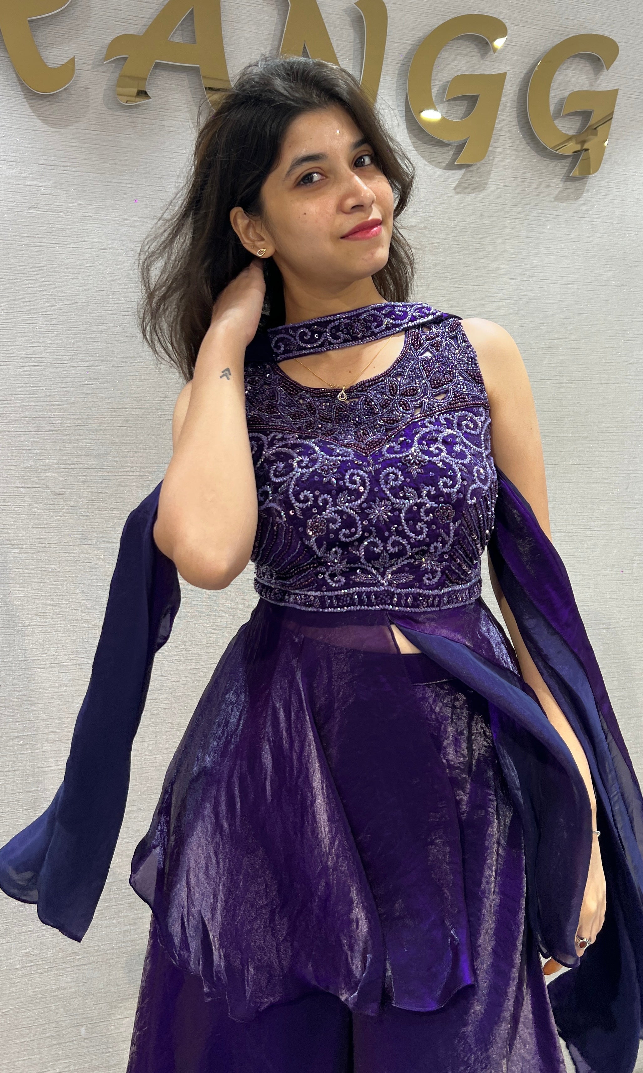 Purple Peplum Top with Flared Palazzo & Choker Dupatta Set