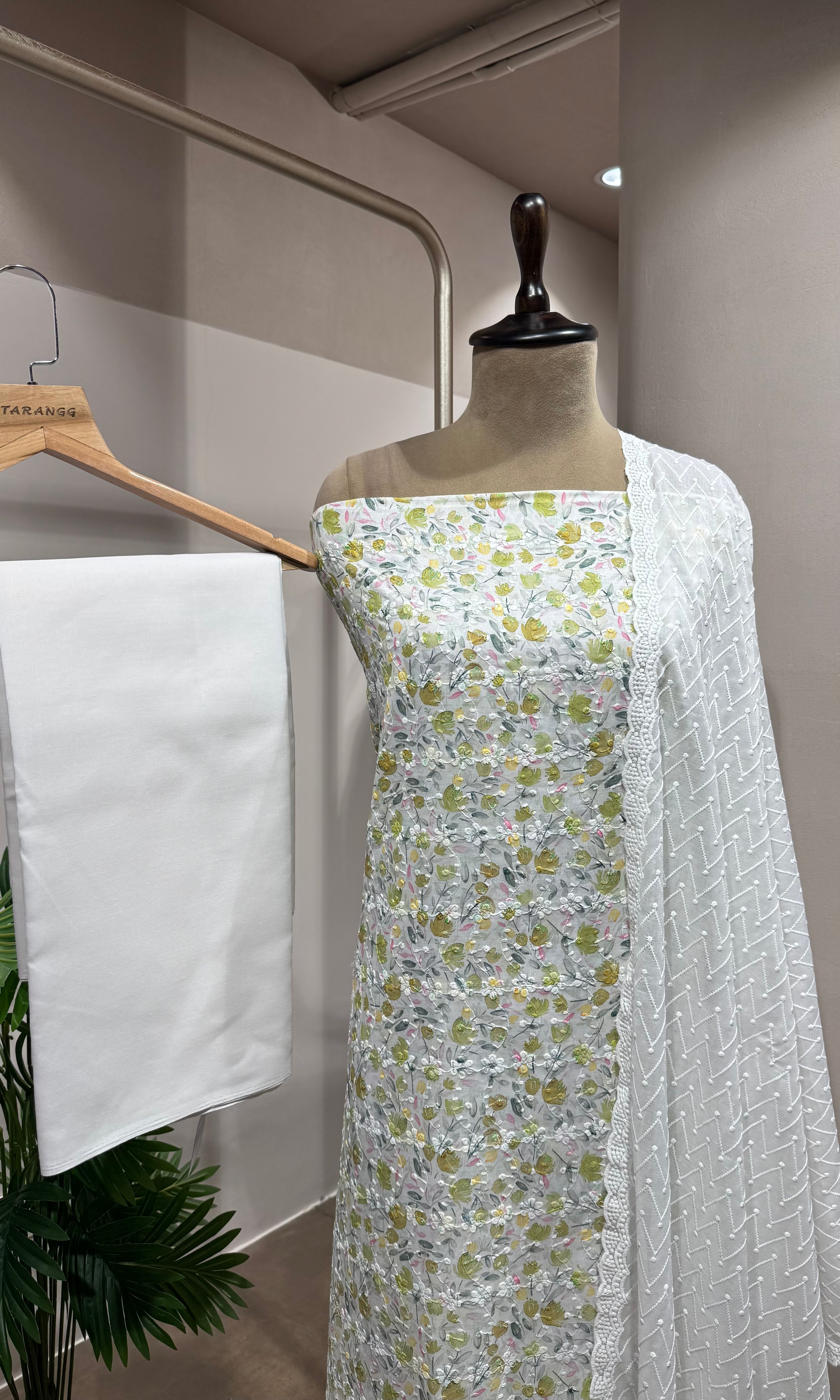 Green Floral Chikankari Dress Material