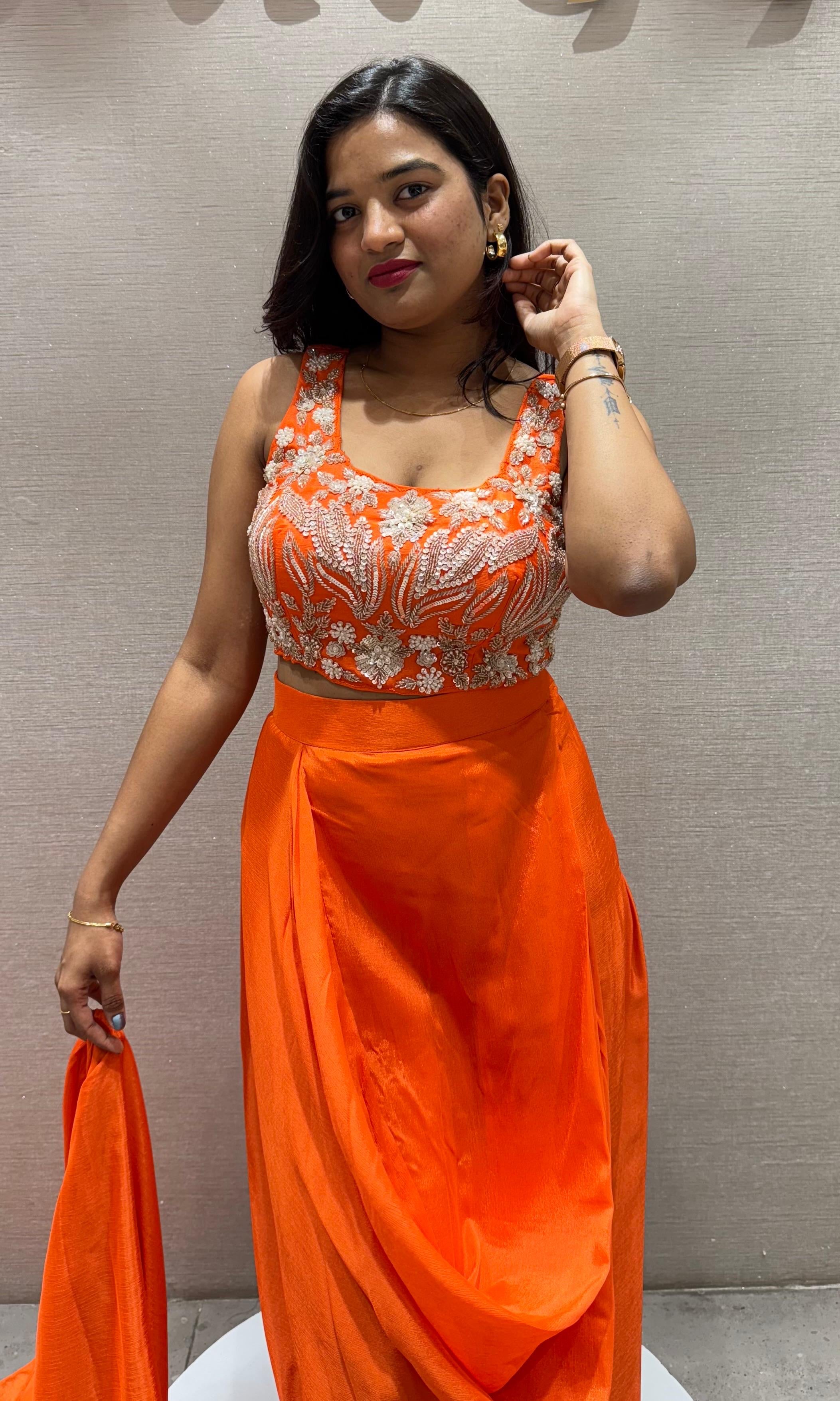 ORANGE EMBROIDERED BLOUSE WITH DRAPE SKIRT&CAPE