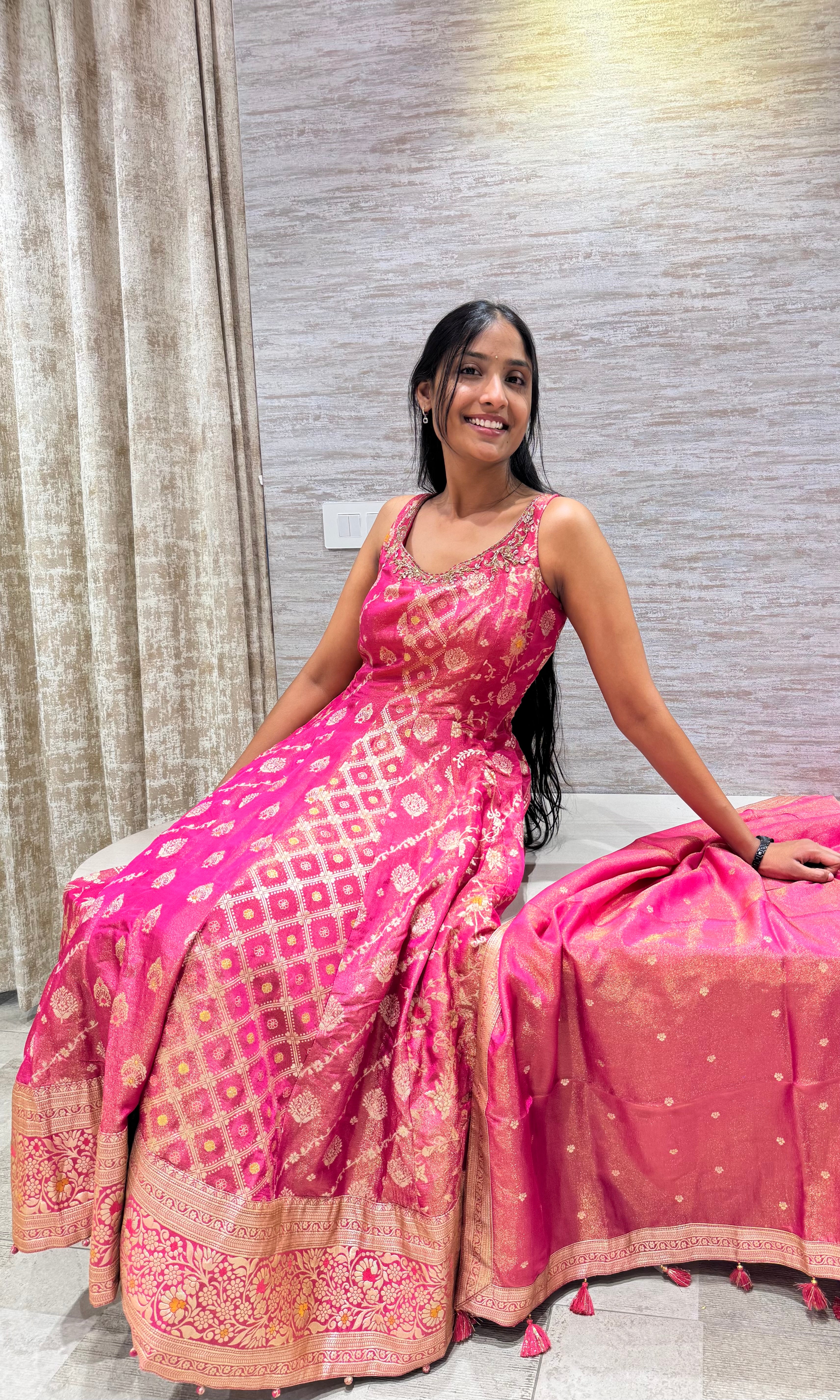 pink banarasi anarkali sharara set