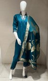 blue kurta set with gold dupatta