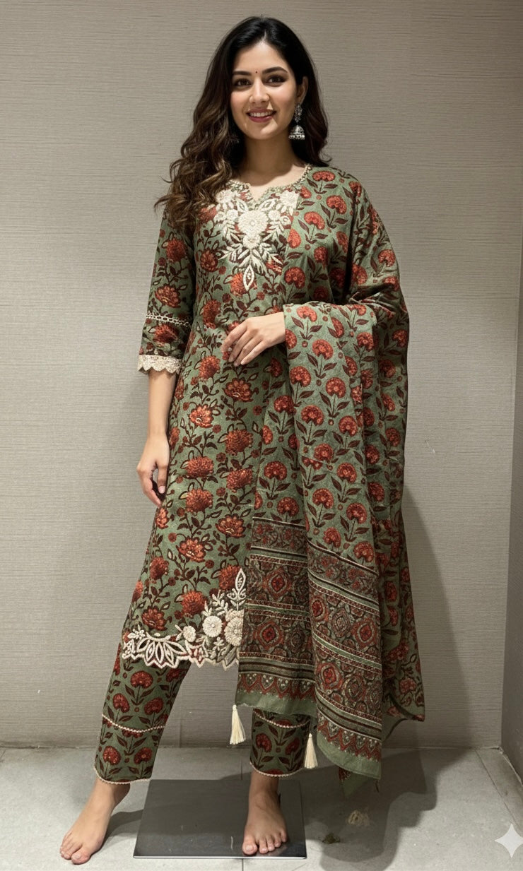 green printed EMBROIDERED kurta set