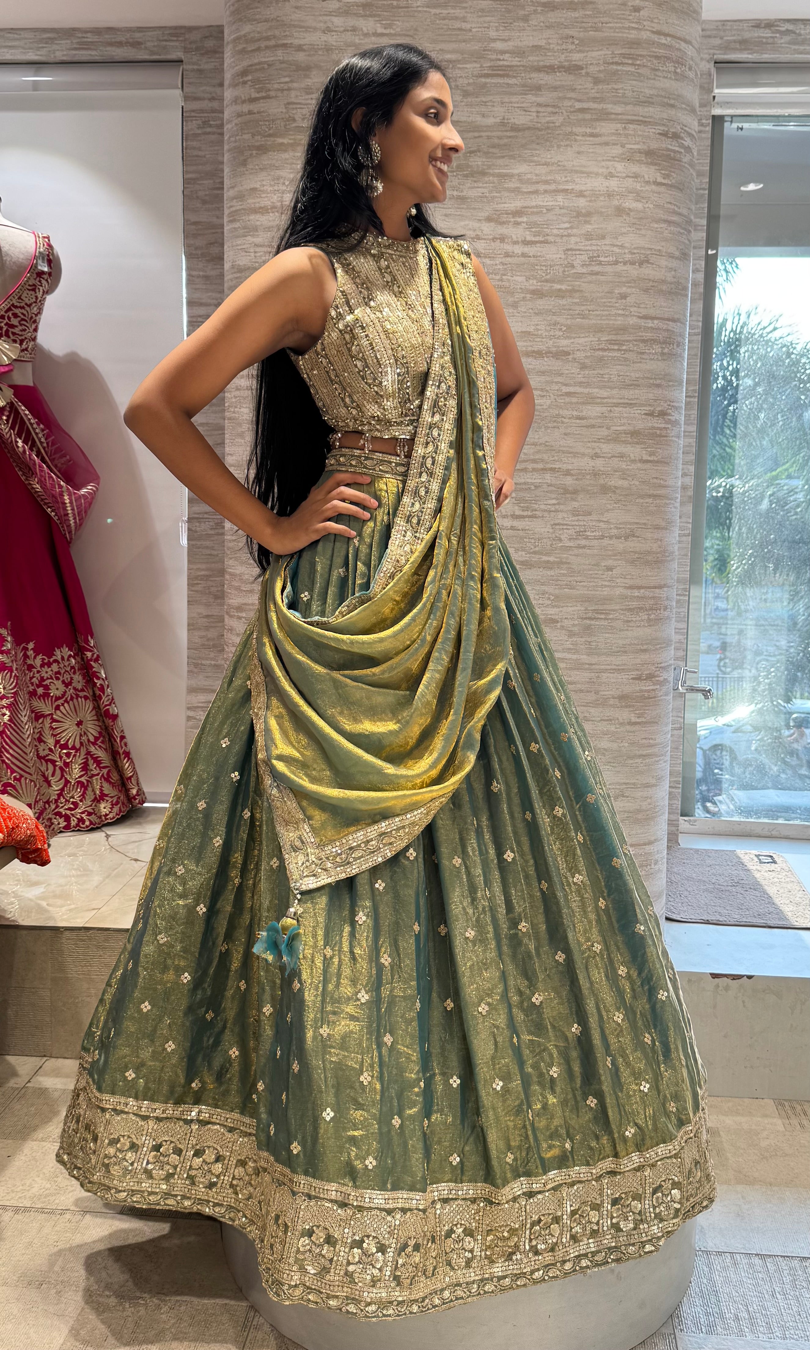 Mehandi Green Tissue Silk Lehenga with blouse