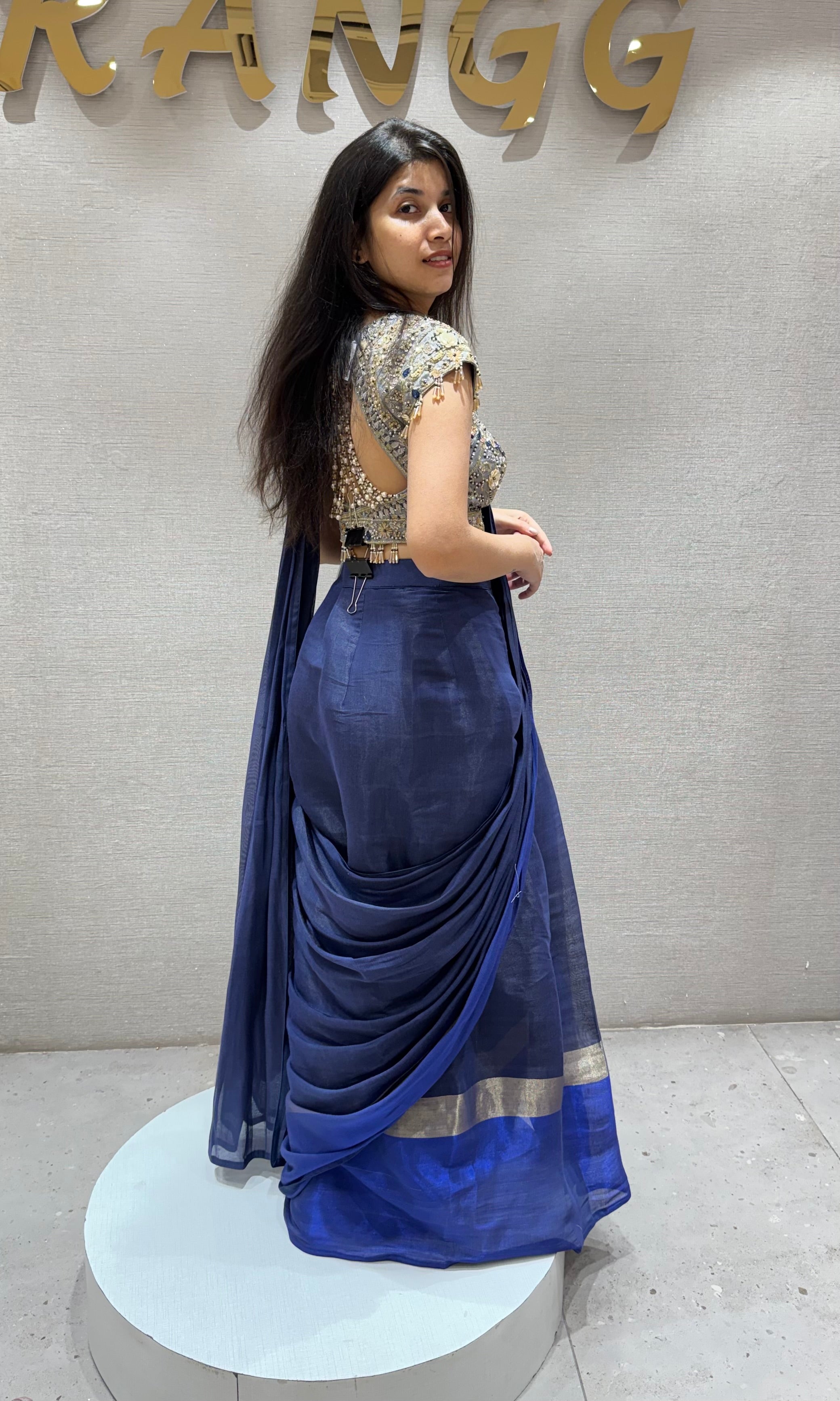 Blue Drape Saree with floral blouse