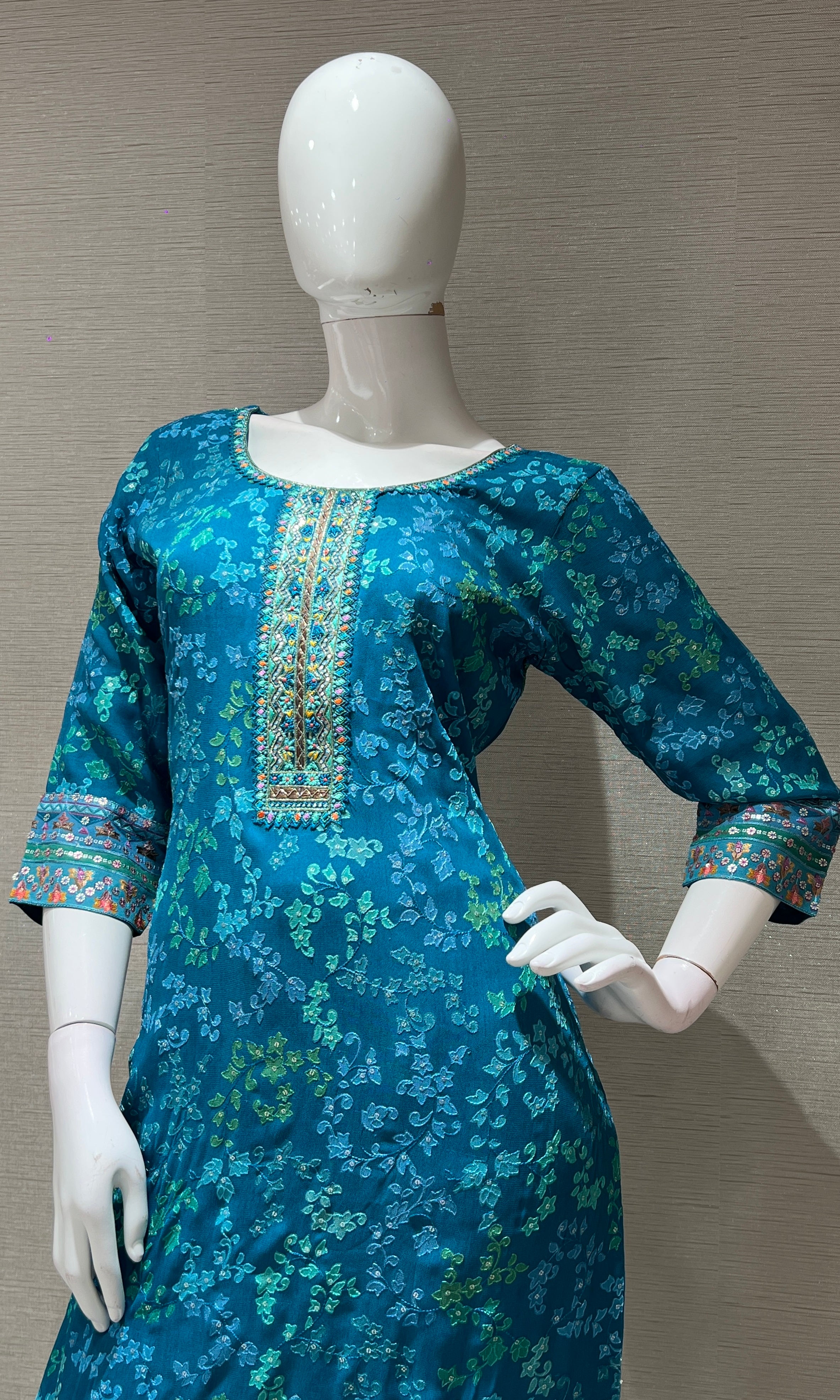 Sea green floral print kurta set