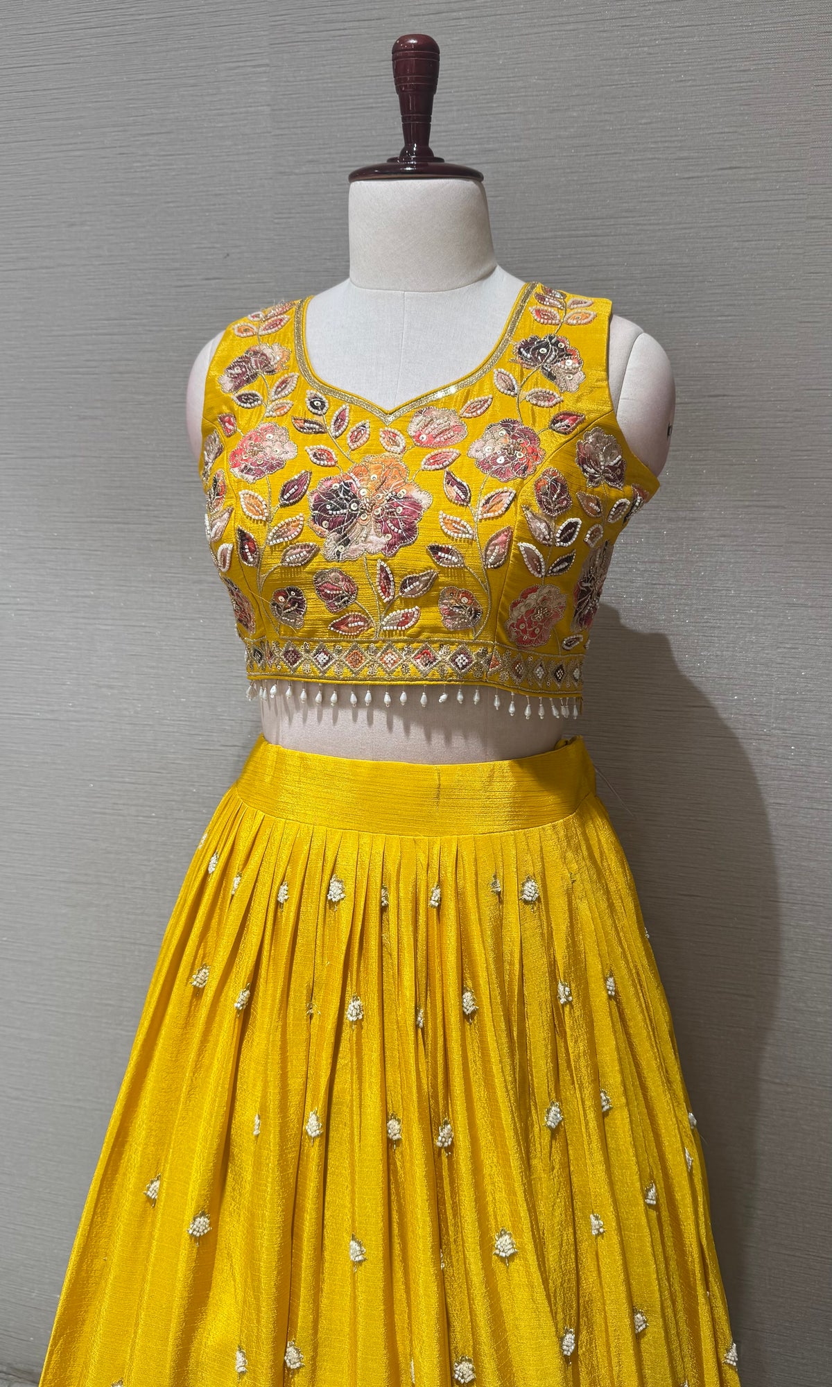 yellow Tissue silk Multi Floral Crop Top Lehenga set