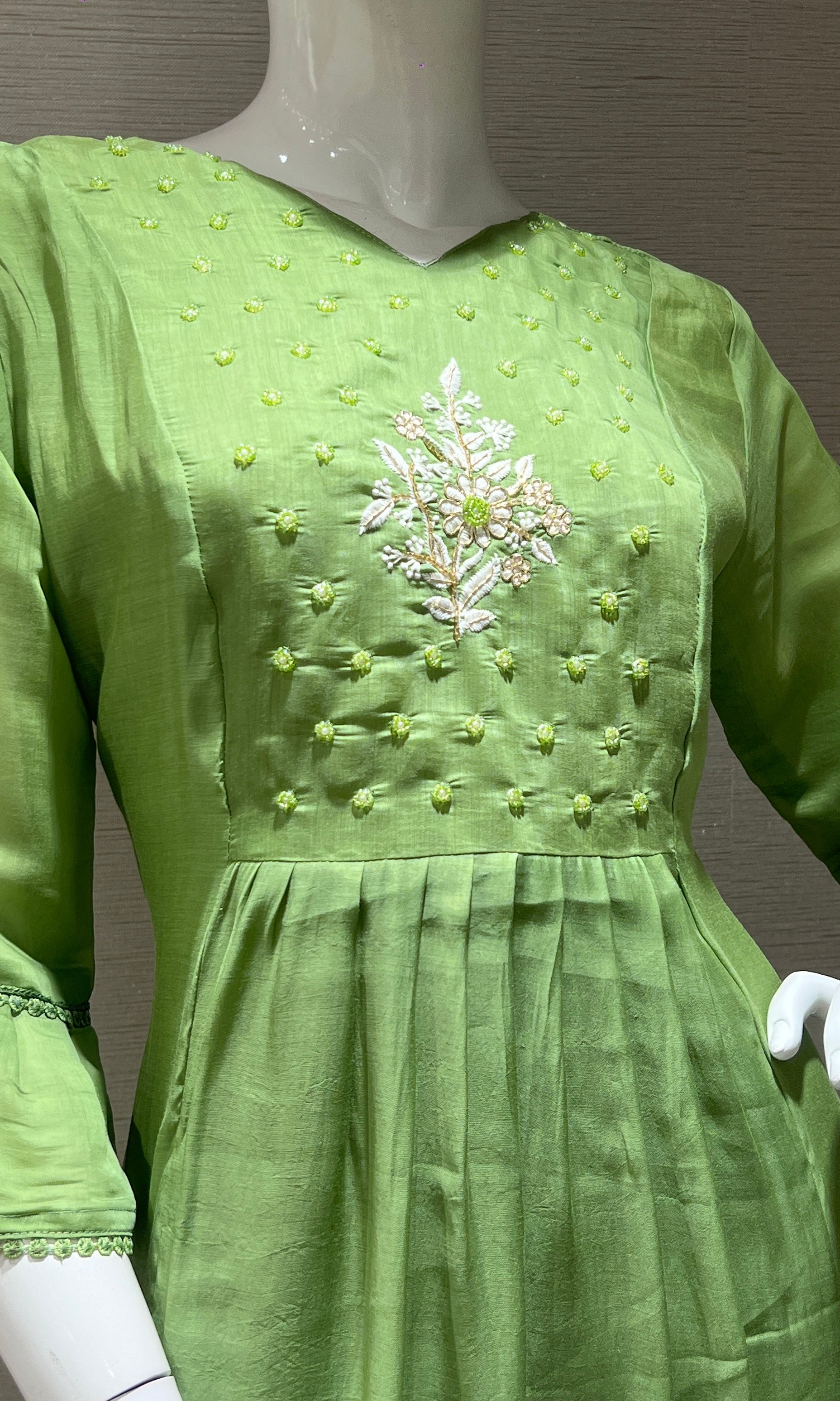 Pista green floral embroidered kurta set